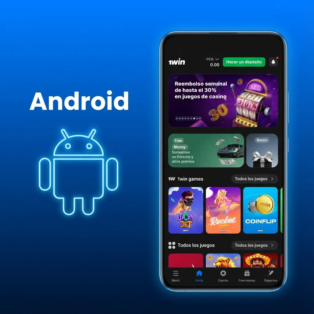 Ilustración de un smartphone Android mostrando la descarga e instalación del APK oficial de la app 1win desde su sitio web