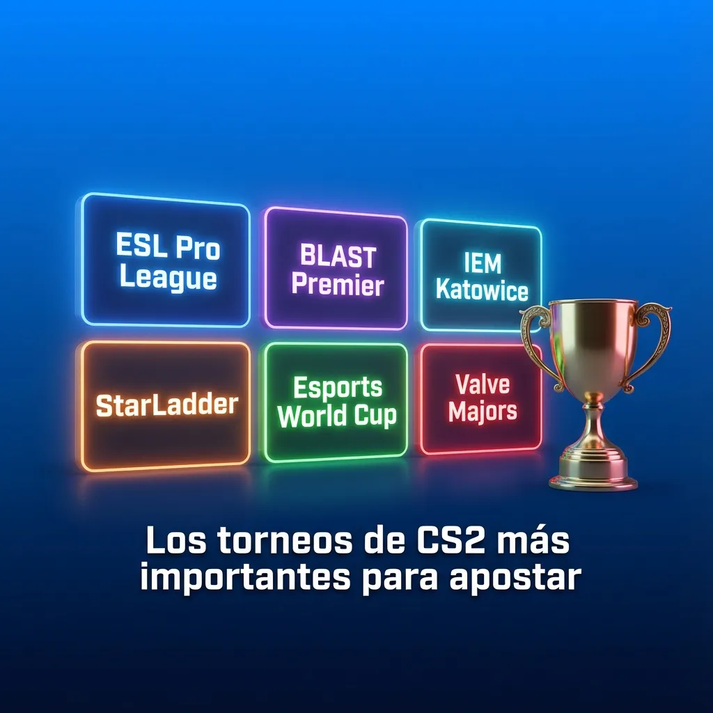 Collage de logos de torneos CS2 famosos (Majors, ESL Pro League, BLAST, IEM) sobre fondo de estadio esports.