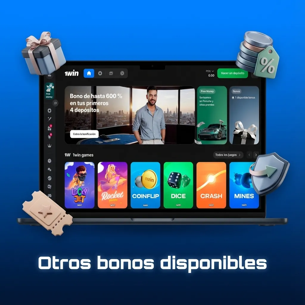 Gráfico en español que describe bonos 1win: recarga, apuestas deportivas, casino en vivo y programas de cashback