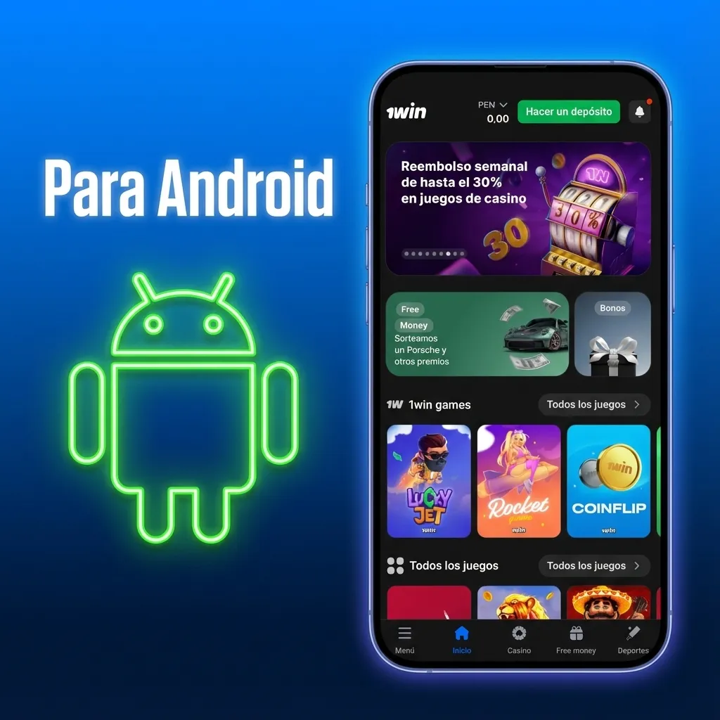 Ilustración de un smartphone Android mostrando la app de 1win y pasos para descargar e instalar el APK desde la web oficial
