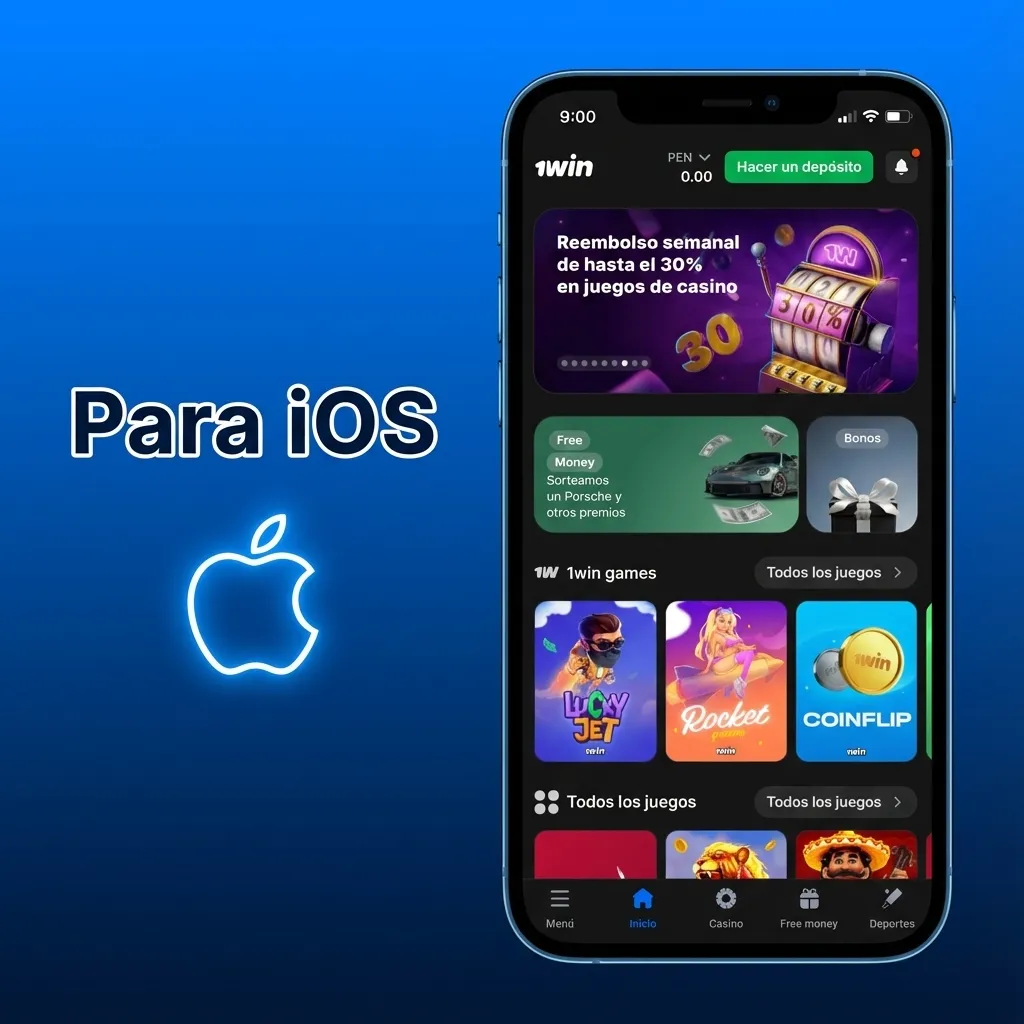 Ilustración de un iPhone mostrando la app de 1win para casino y apuestas en iOS sobre fondo claro