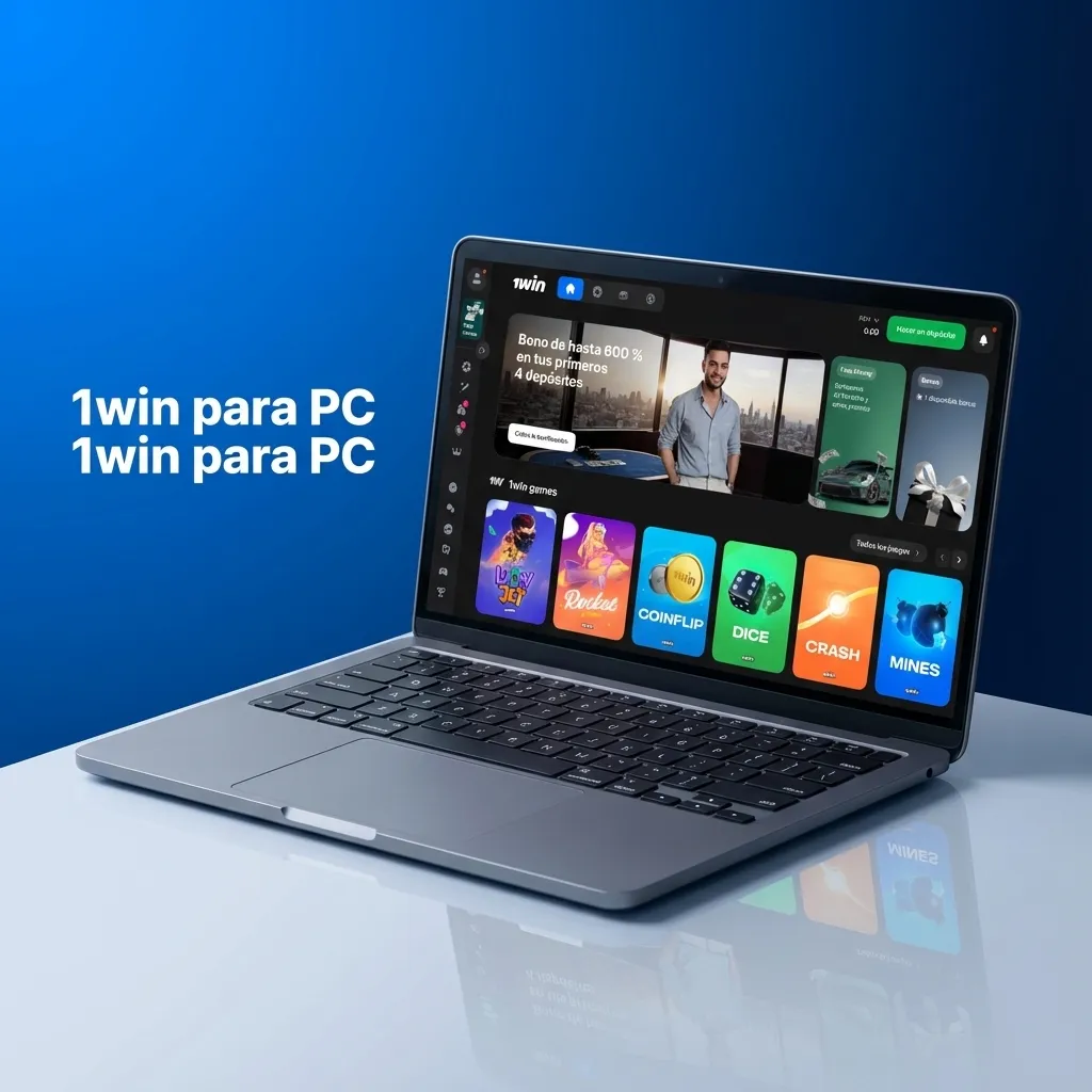 Pantalla de ordenador con el sitio web de 1win abierto en un navegador en Windows o macOS