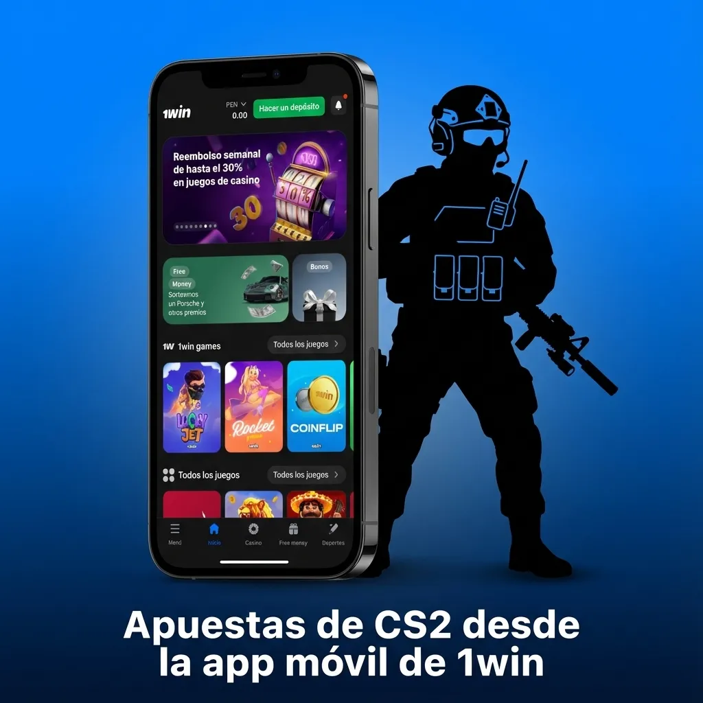 Smartphone con la app 1win abierta mostrando apuestas en vivo de CS2 y cuotas de torneos como ESL Pro League
