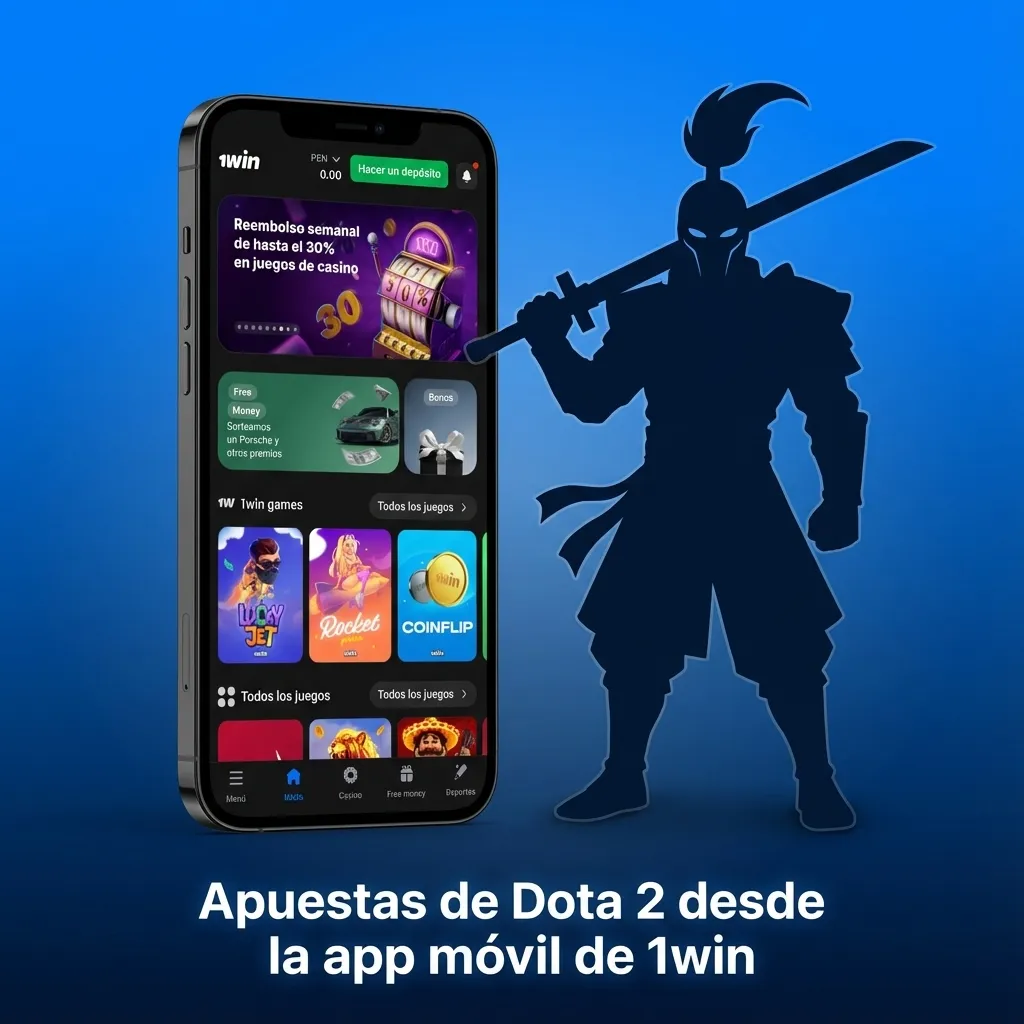 Persona usando app móvil de 1win para apostar en vivo en torneos de Dota 2 en Perú