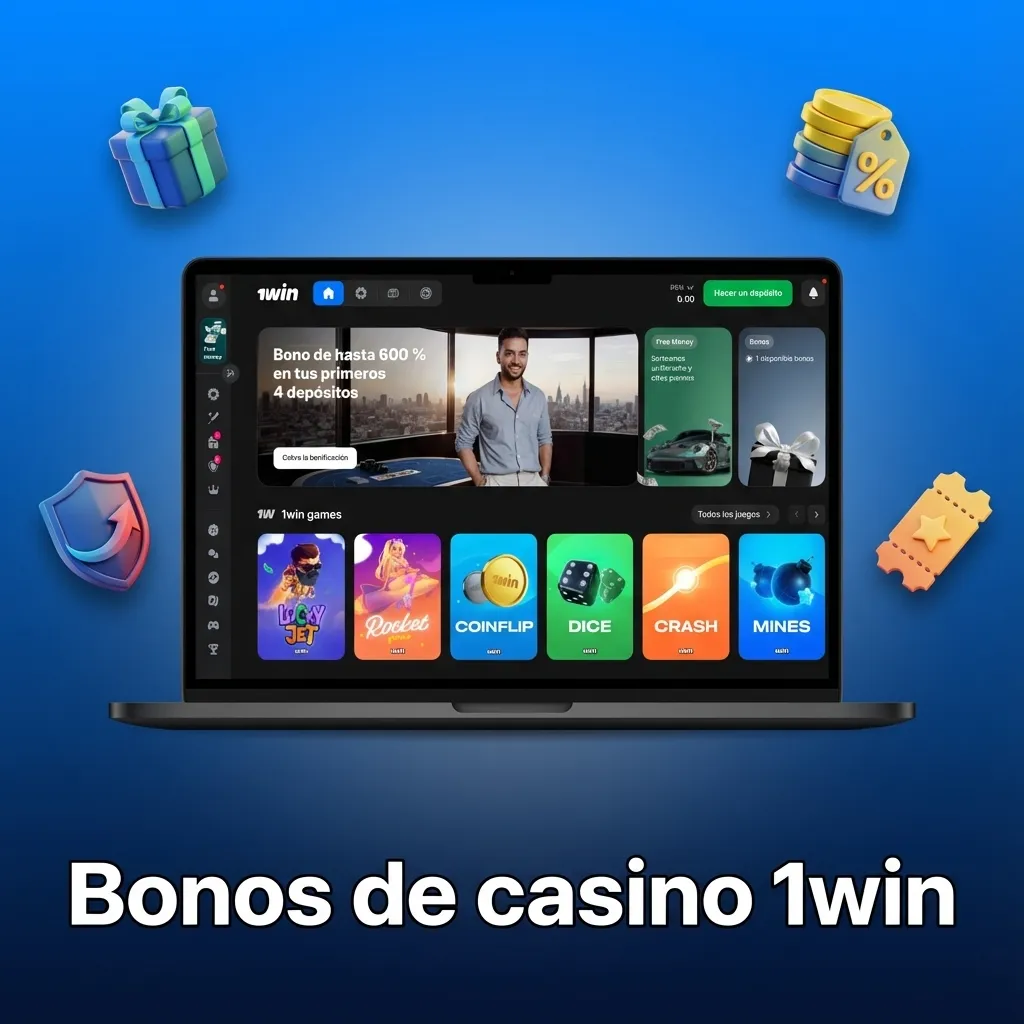 Interfaz de 1win casino Perú mostrando bonos, giros gratis, cashback y torneos en tragamonedas y juegos de mesa