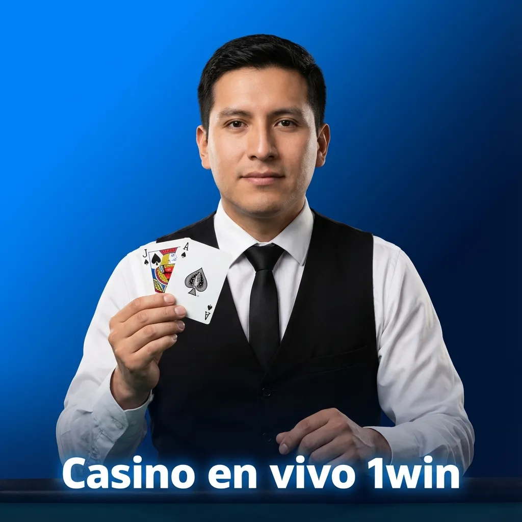 Interfaz de casino en vivo 1win con crupier en estudio y juegos como ruleta, blackjack y baccarat en pantalla.
