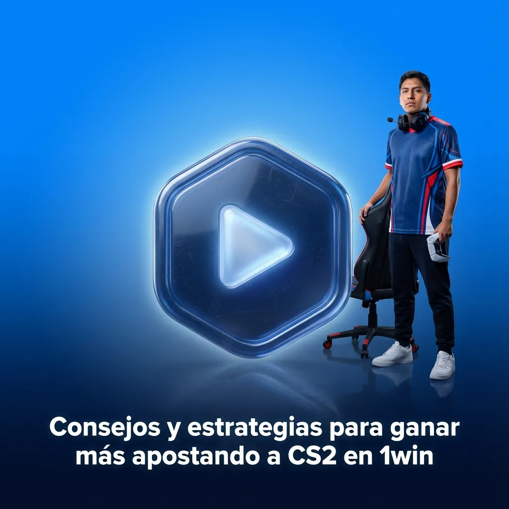 Banner de apuestas CS2 en 1win con jugador, mapa de juego y texto sobre consejos y estrategias para ganar más