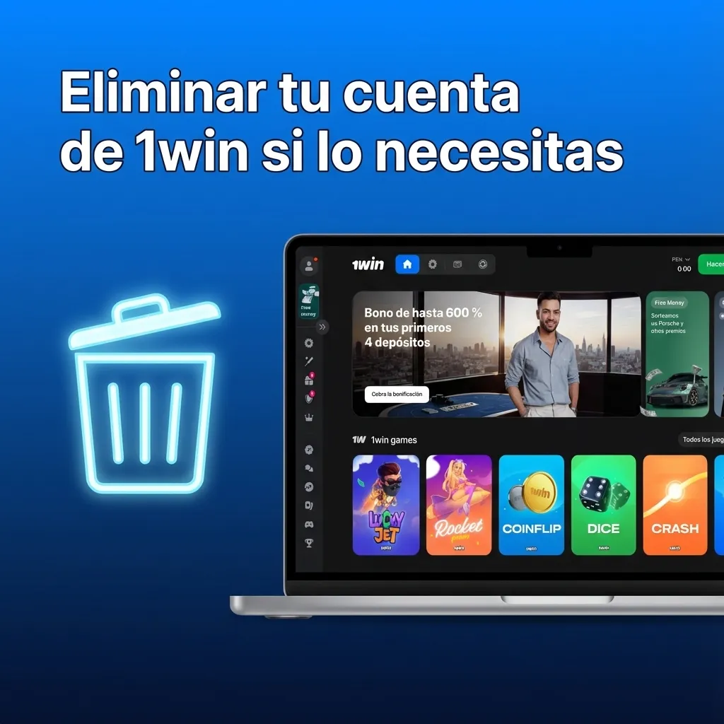 Ilustración de usuario cerrando su cuenta 1win en la app, con ícono de candado y soporte en línea confirmando el bloqueo