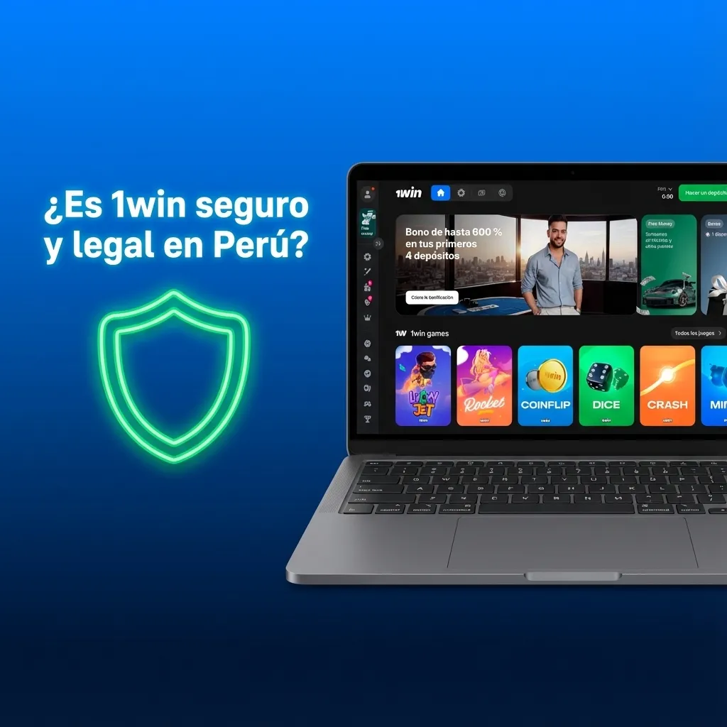 Pantalla del sitio de apuestas 1win con texto sobre seguridad, licencia internacional y legalidad para usuarios en Perú