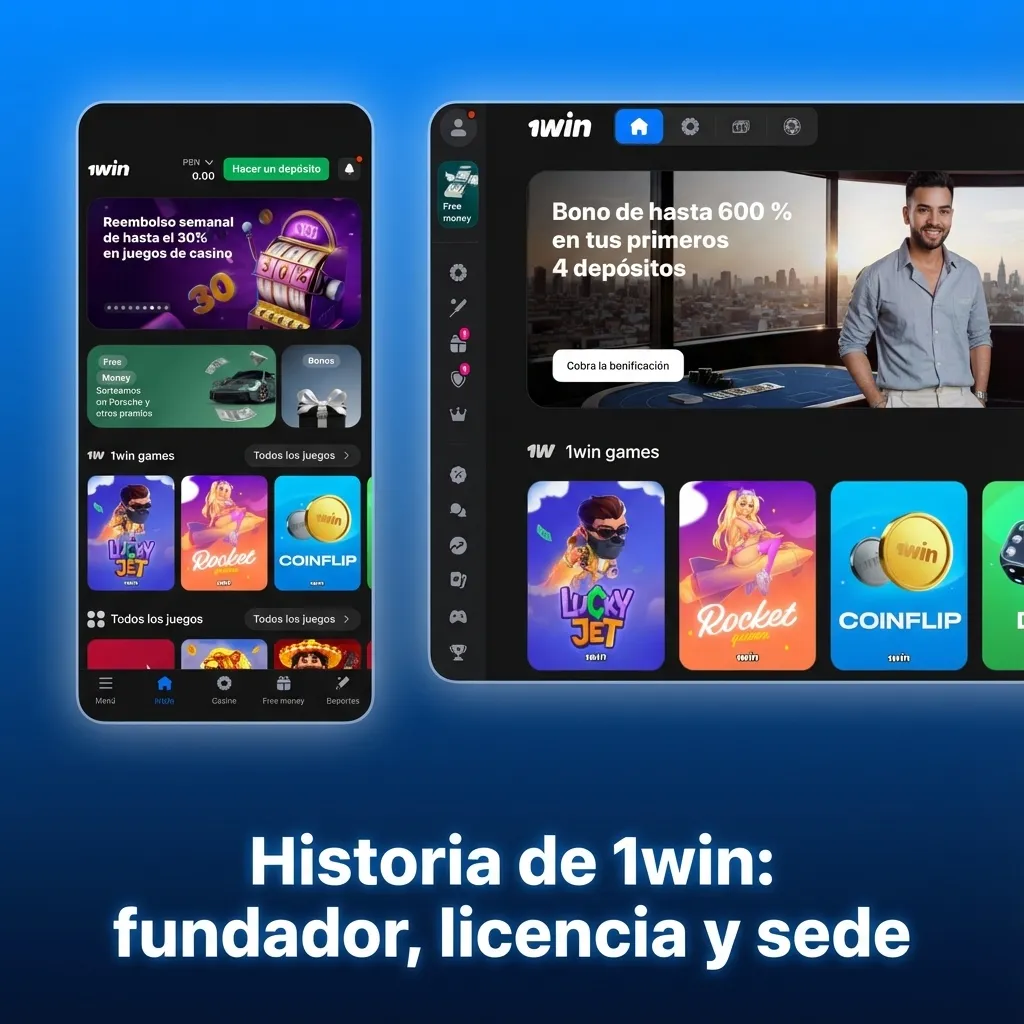 Infografía sobre la historia de 1win: fundador Alexander Volkov, licencia internacional y sede europea para apuestas online