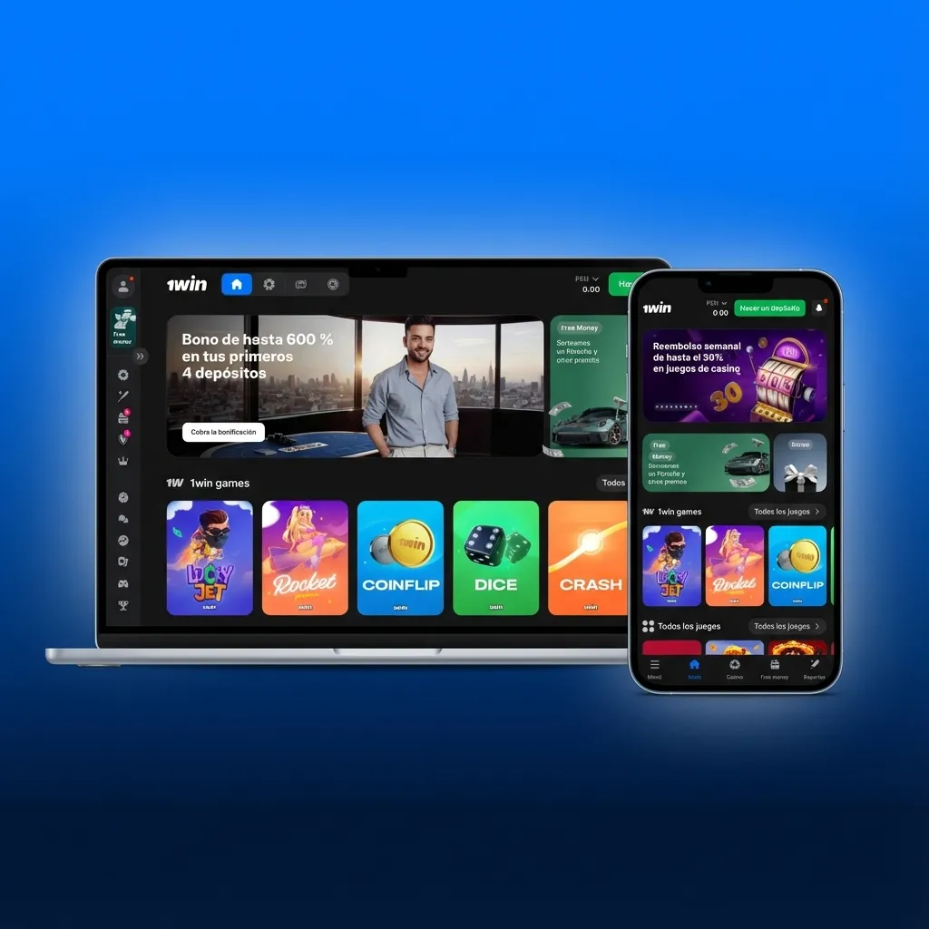 Interfaz del sitio web 1win Perú en español, con menú superior de juegos, promociones, soporte e inicio de sesión.