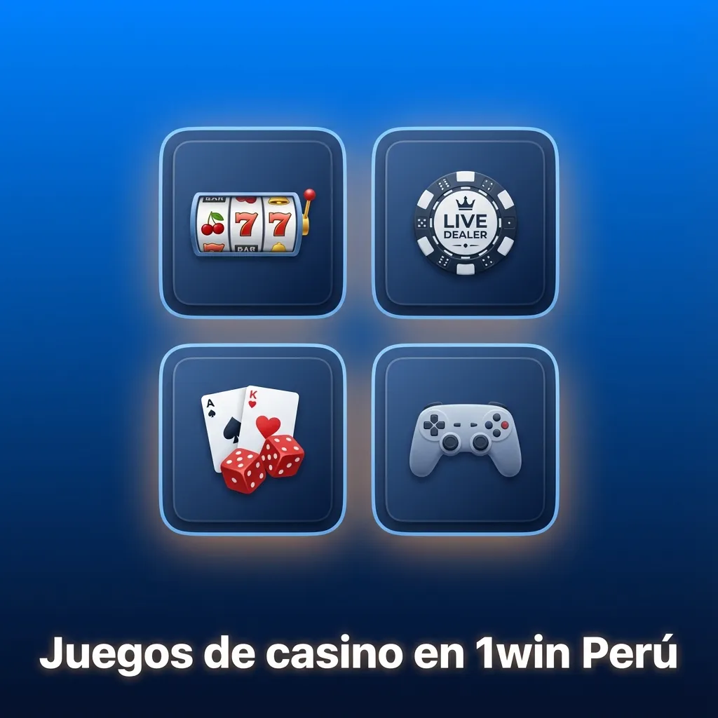 Interfaz de 1win Perú mostrando tragamonedas, ruleta, blackjack y casino en vivo con crupieres reales