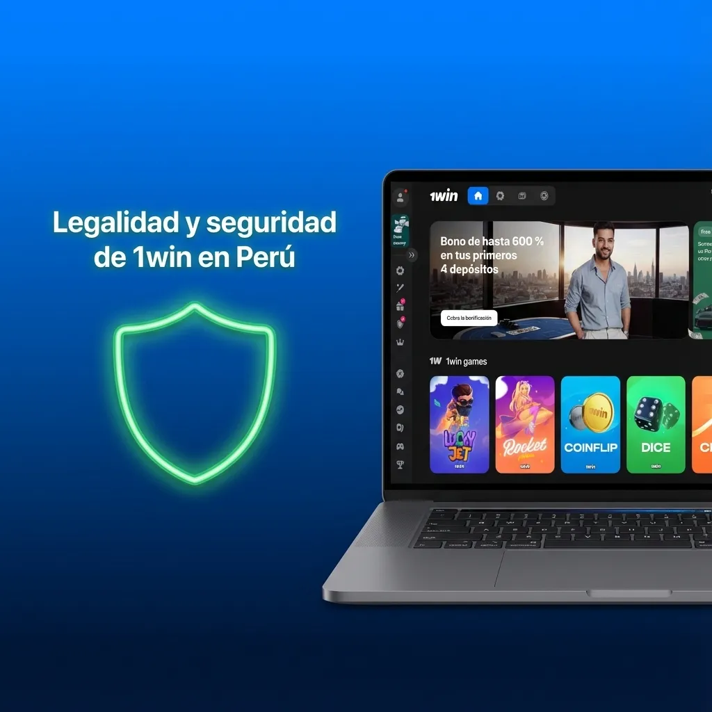 Ilustración sobre la legalidad y seguridad de 1win en Perú, con íconos de candado, escudo y documento de licencia