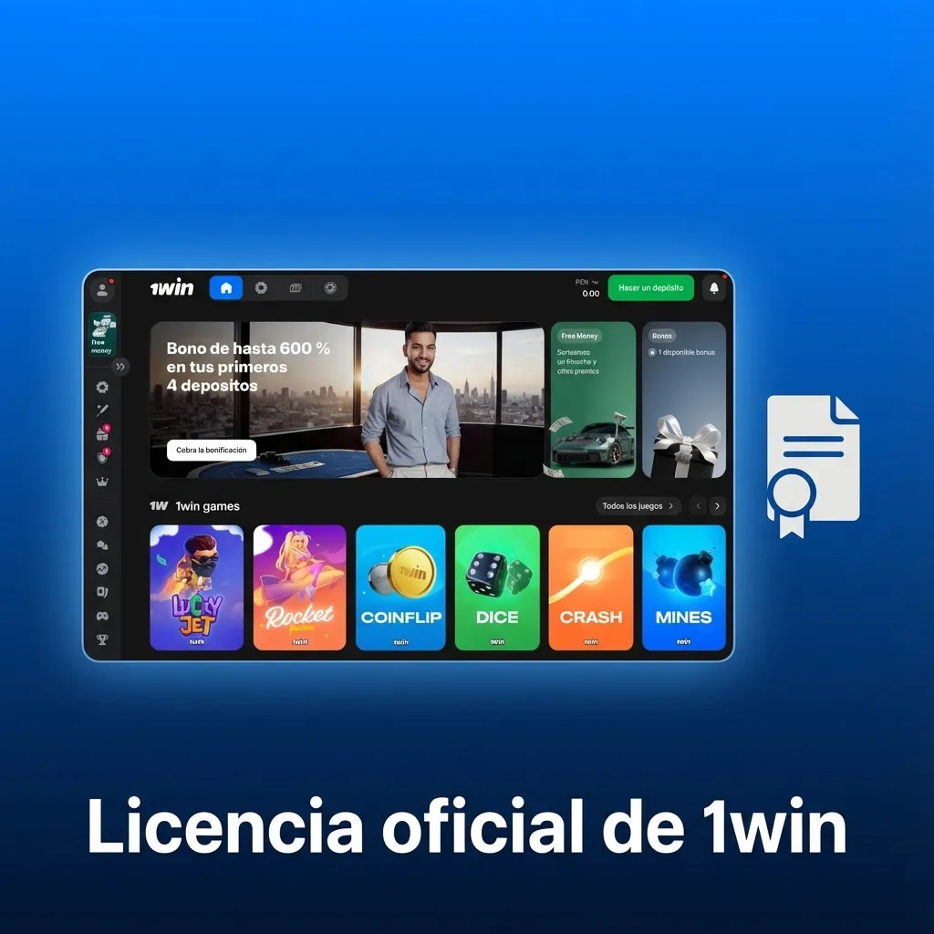 Sello de licencia oficial de 1win de Curazao, destacando seguridad, juego responsable y validez internacional desde 2016