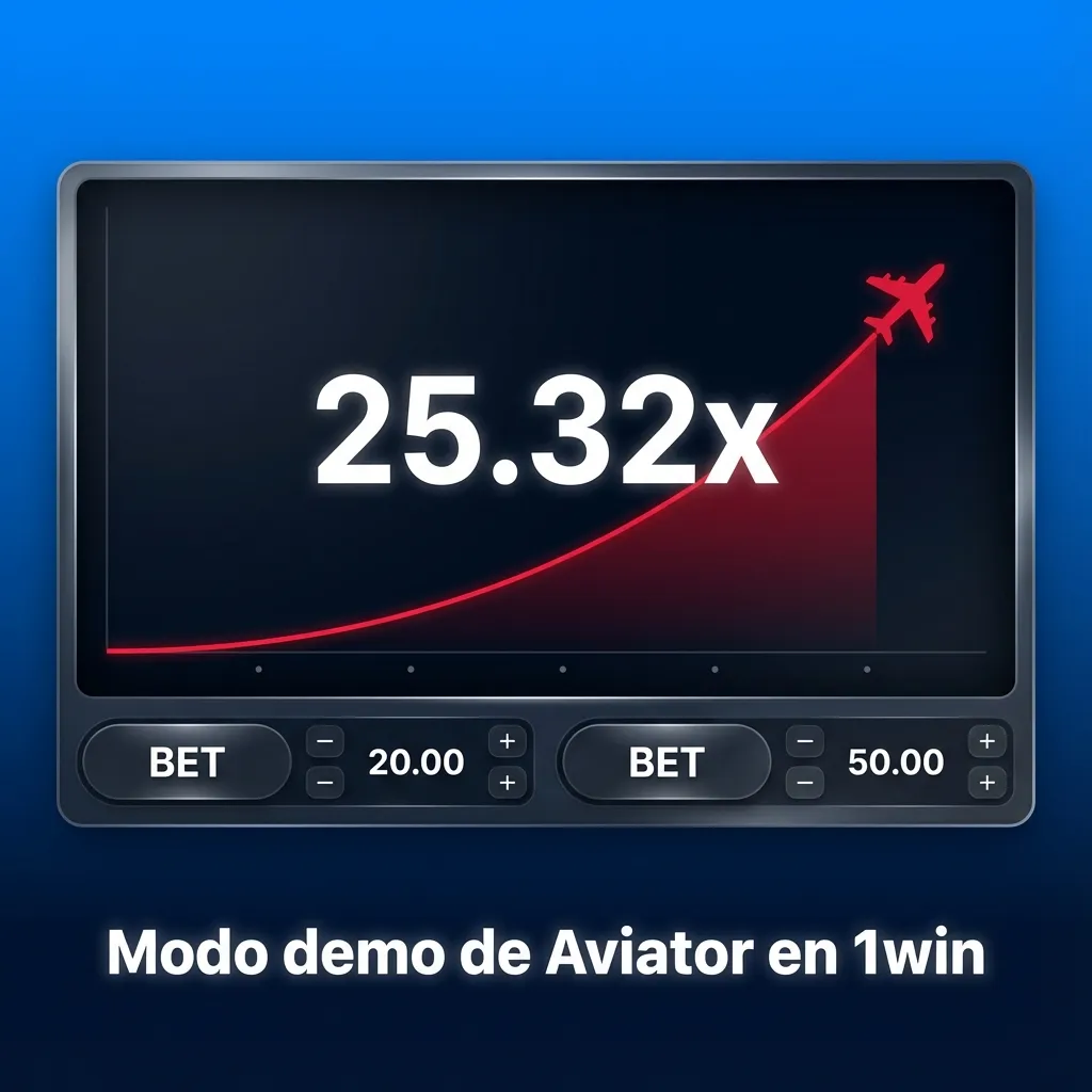 Interfaz del juego Aviator en modo demo en 1win, con avión despegando y saldo virtual para practicar apuestas