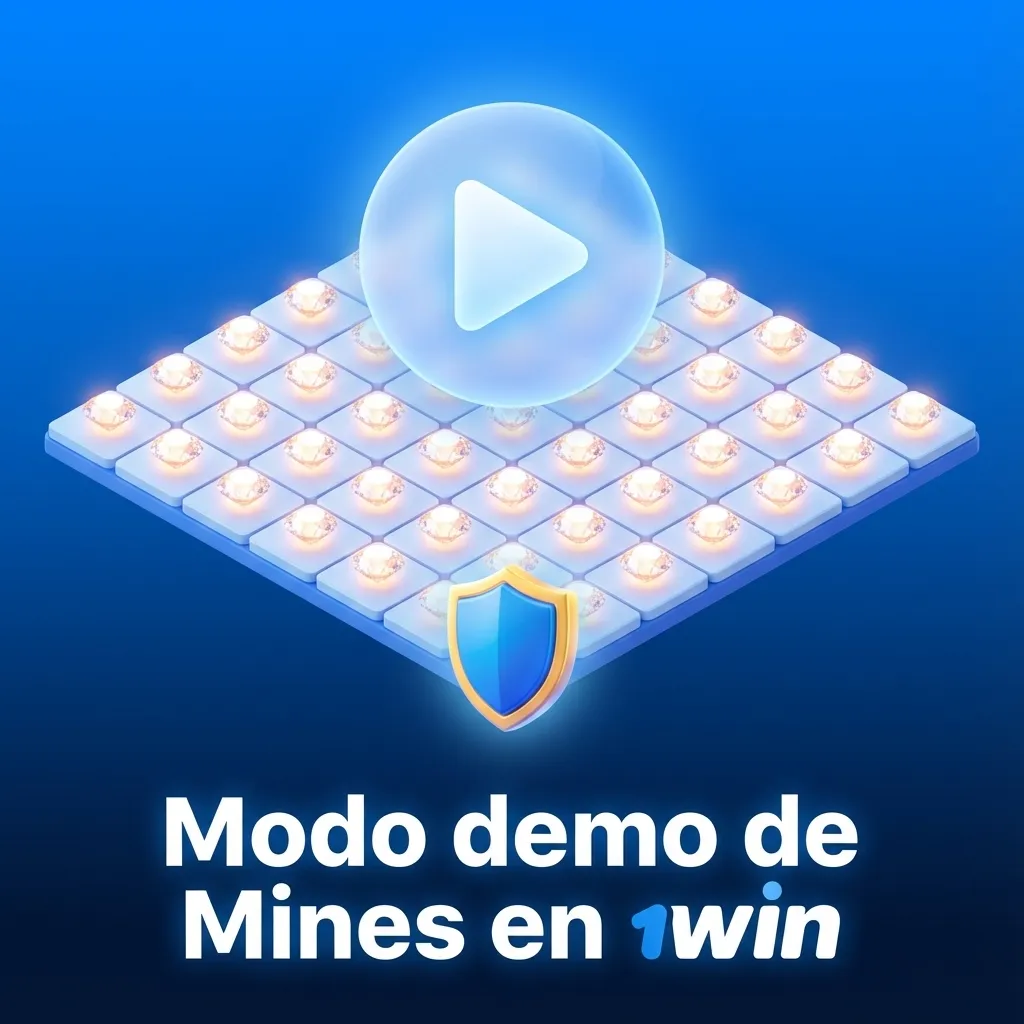 Interfaz de Mines demo en 1win mostrando tablero con casillas, minas y créditos virtuales para práctica sin dinero real