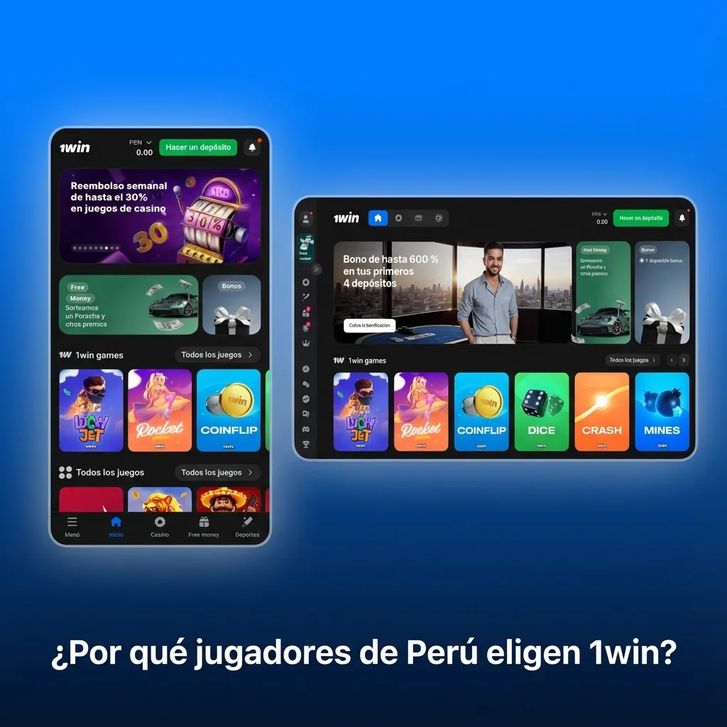 Jugador peruano usando 1win en celular, interfaz en español con saldo en soles y métodos de pago locales visibles.