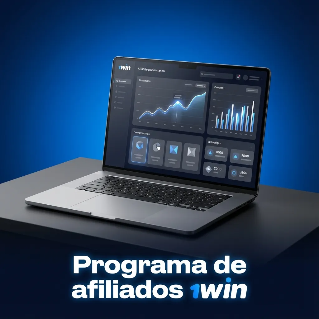 Banner del programa de afiliados 1win con creador de contenido promocionando el sitio y ganancias por referidos