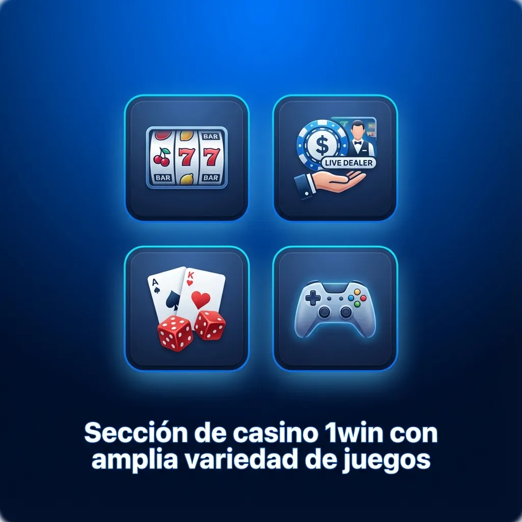 Interfaz de casino online 1win mostrando categorías de juegos: tragamonedas, ruleta, cartas, crash y video póker
