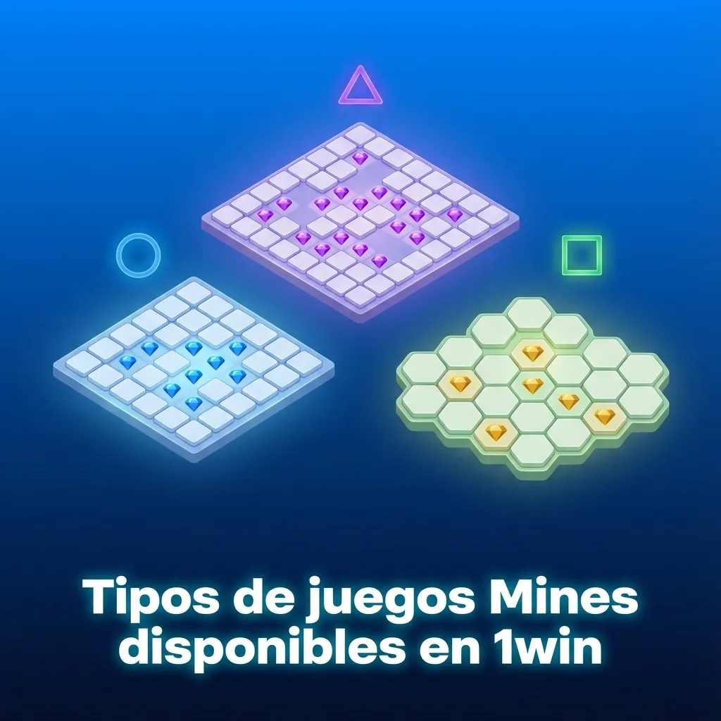 Ilustración de varias versiones del juego Mines en 1win: clásico, alta y baja volatilidad, turbo y modo automático