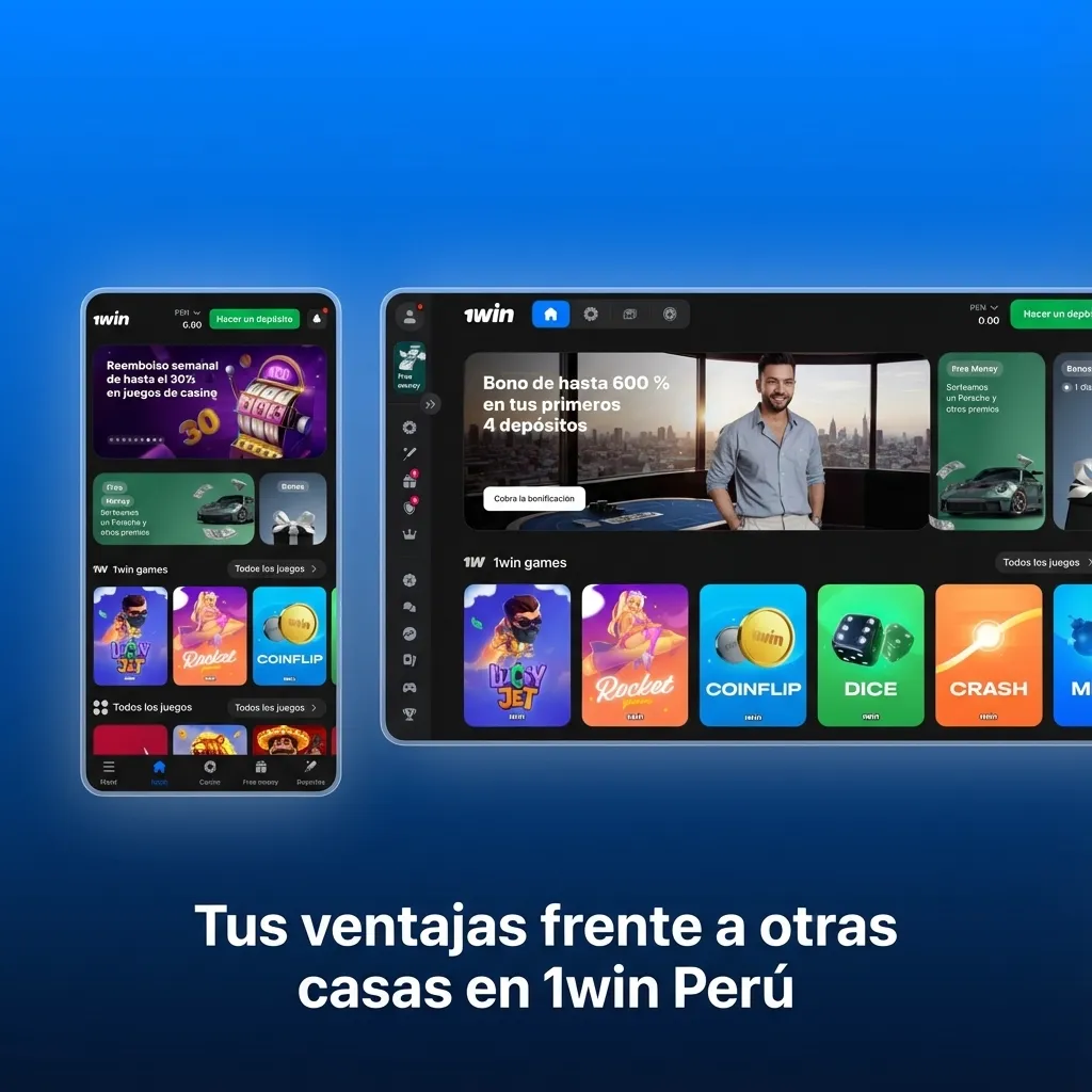 Banner de 1win Perú destacando cuotas competitivas, casino online, depósitos locales y bono de bienvenida frente a otras casas
