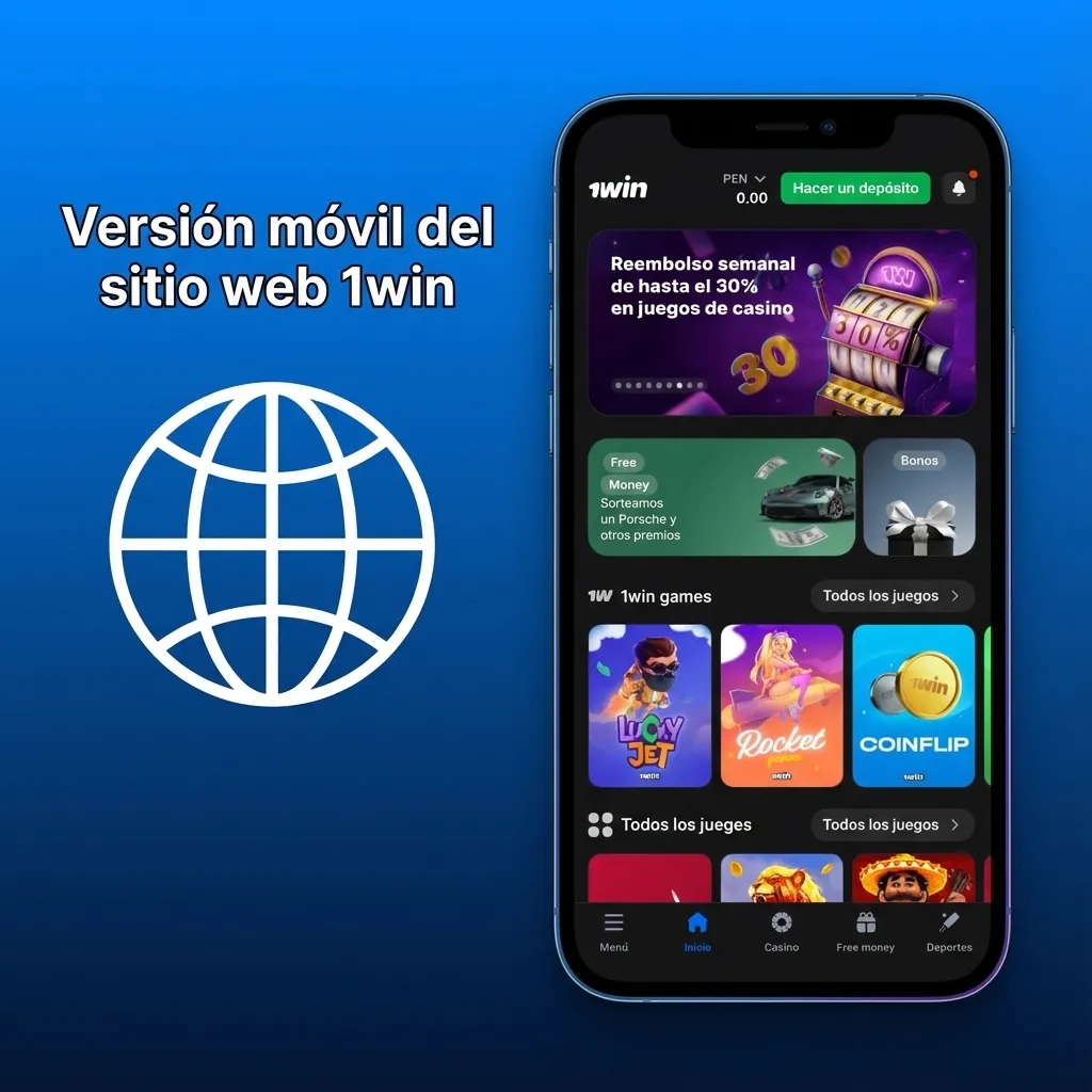 Pantalla de celular mostrando la versión móvil del sitio 1win Perú con menús grandes de Deportes, Casino y métodos de pago.