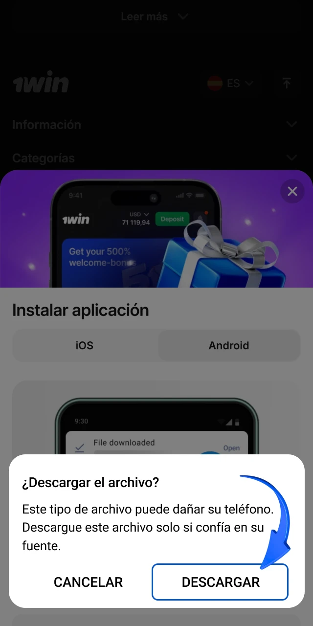 Autoriza la descarga del APK de 1win para continuar con el proceso en Perú.