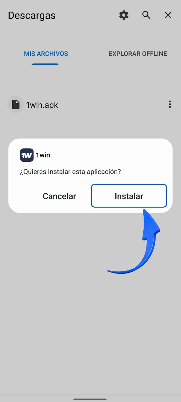 Ejecuta el instalador de 1win para finalizar la configuración en tu Android.