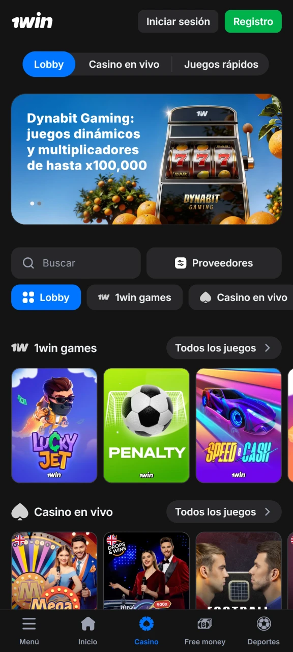 Accede a la sección de casino con miles de tragamonedas en la app de 1win.