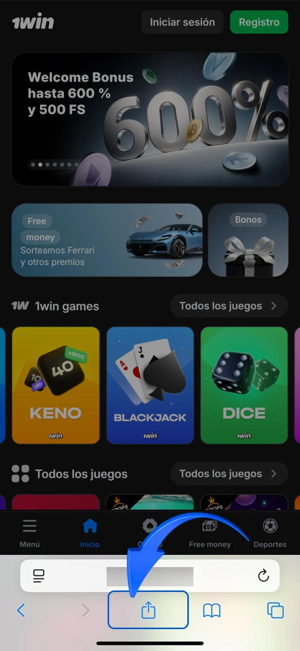Abre el menú para compartir del navegador Safari para instalar la app de 1win.