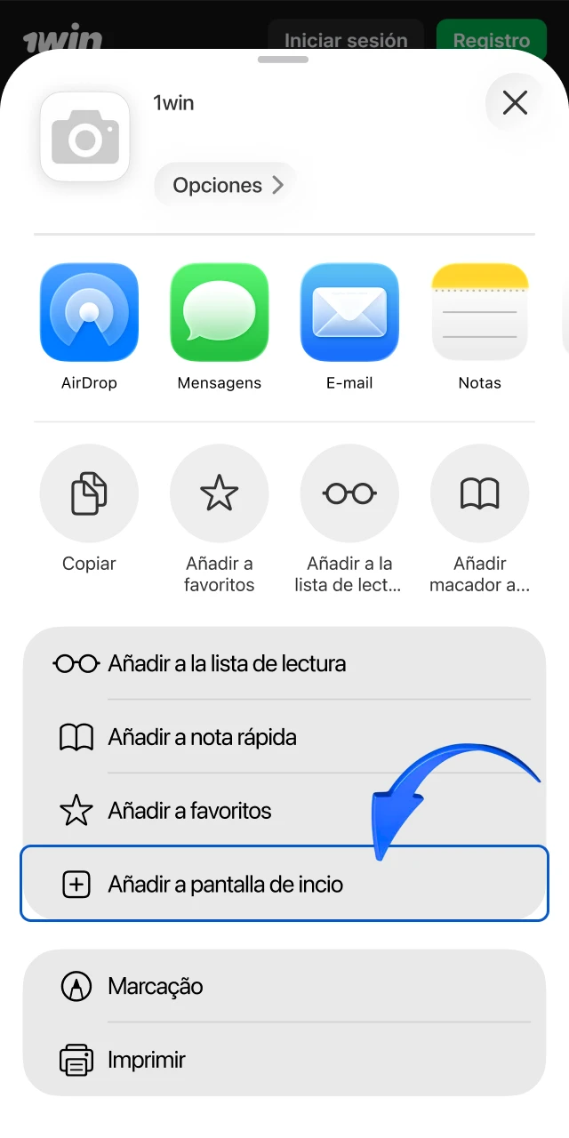 Crea el acceso directo a la pantalla de inicio para acceder rápido a 1win.