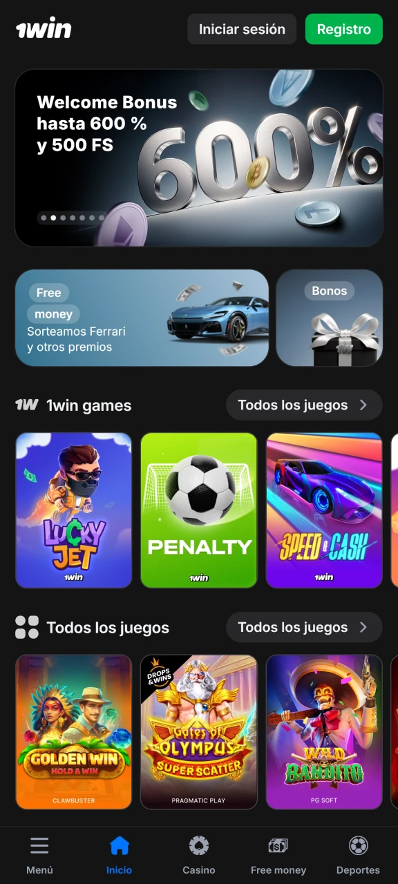 Explora la interfaz de la página principal en la aplicación de 1win para Perú.
