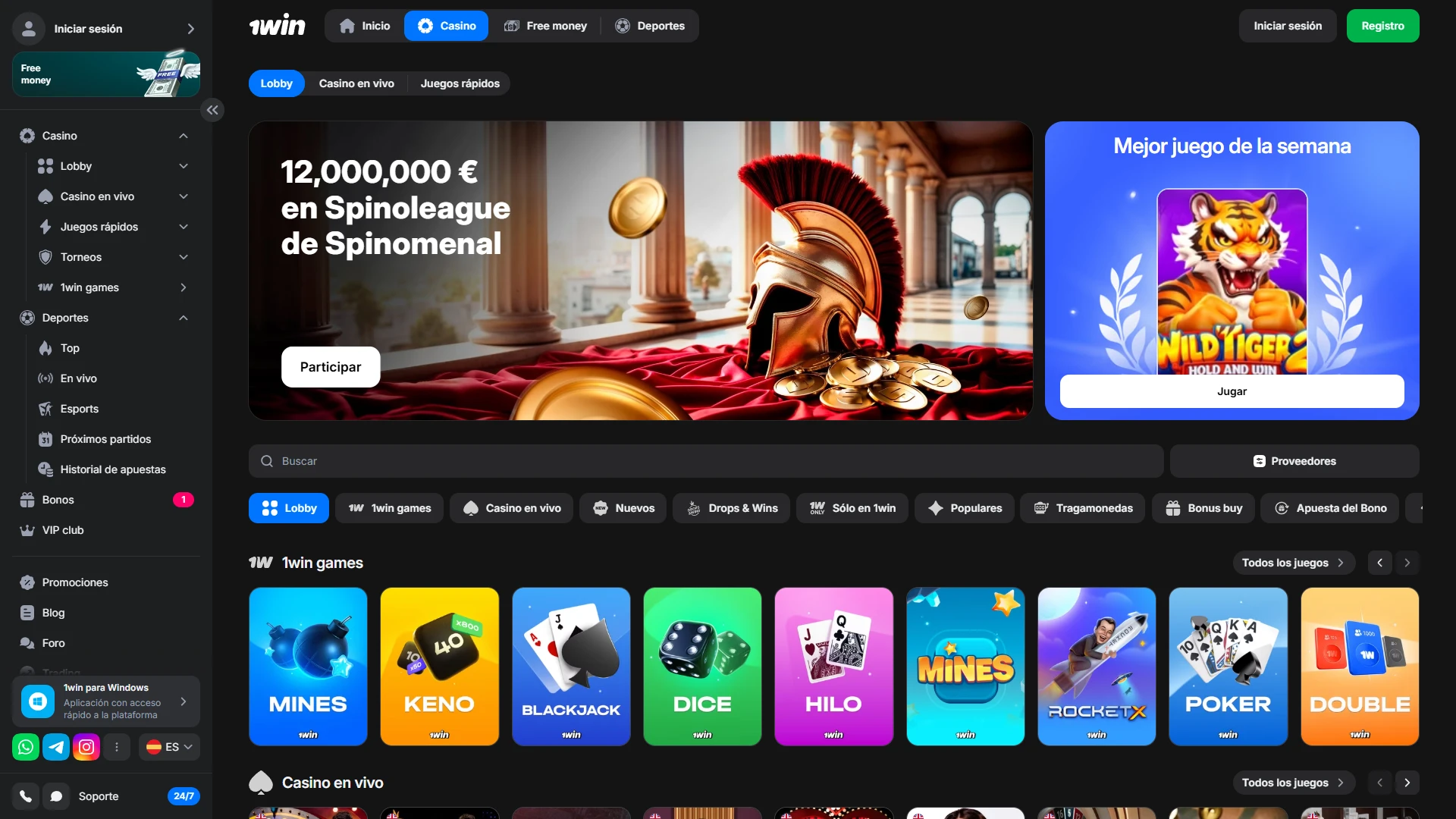 Accede a la sección de casino con una gran variedad de tragamonedas en 1win.