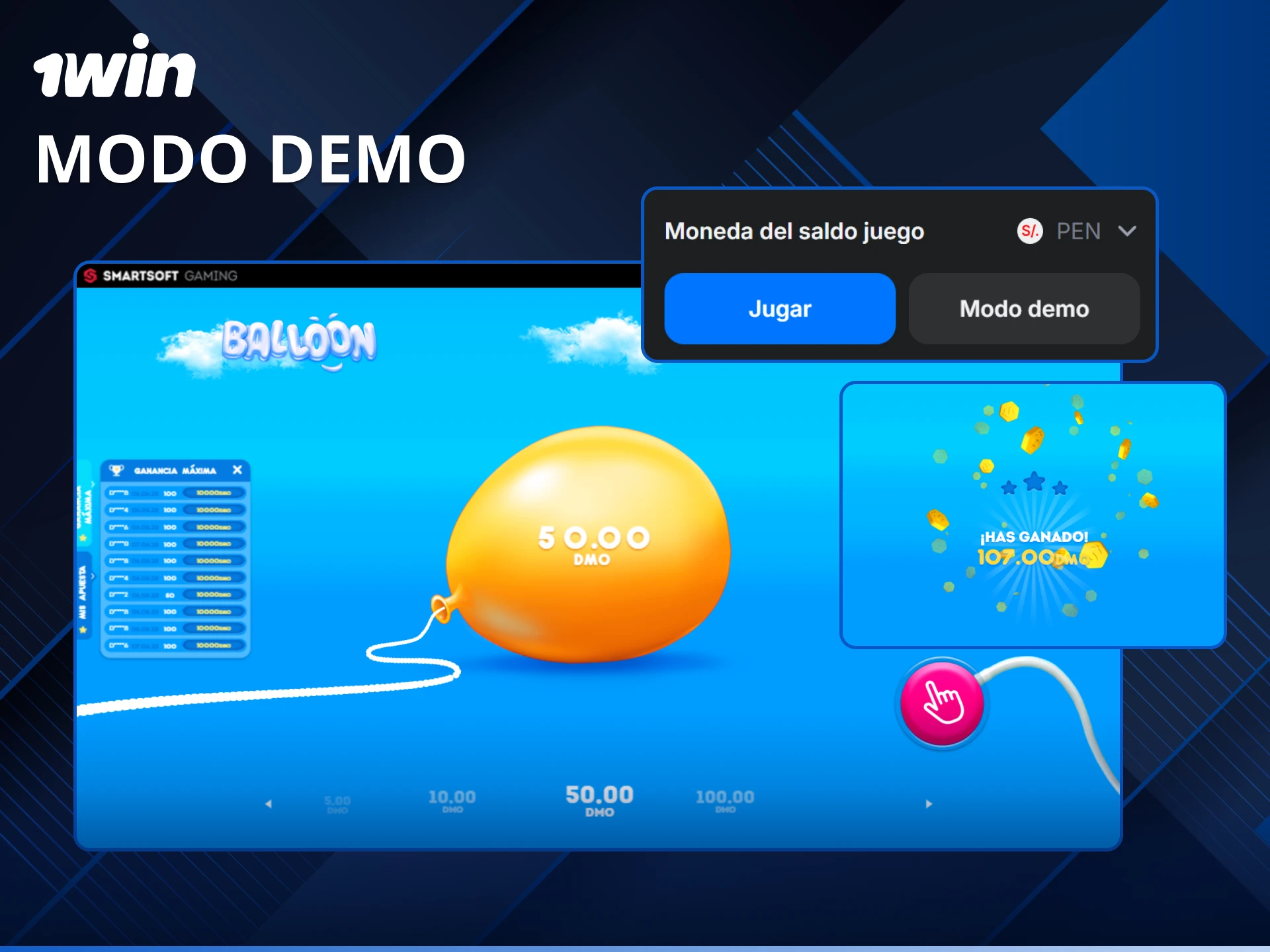 Practica tus estrategias sin riesgo con el modo demo Balloon en 1win Perú.