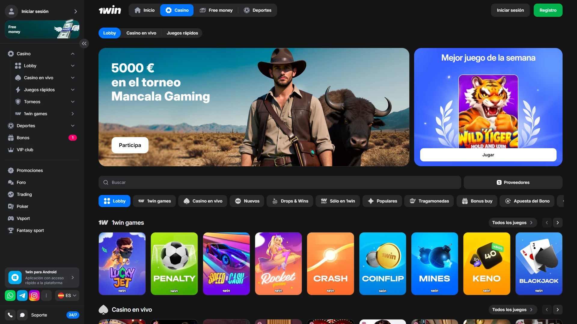 Descubra la amplia selección de slots y mesas en la sección de casino de 1win.