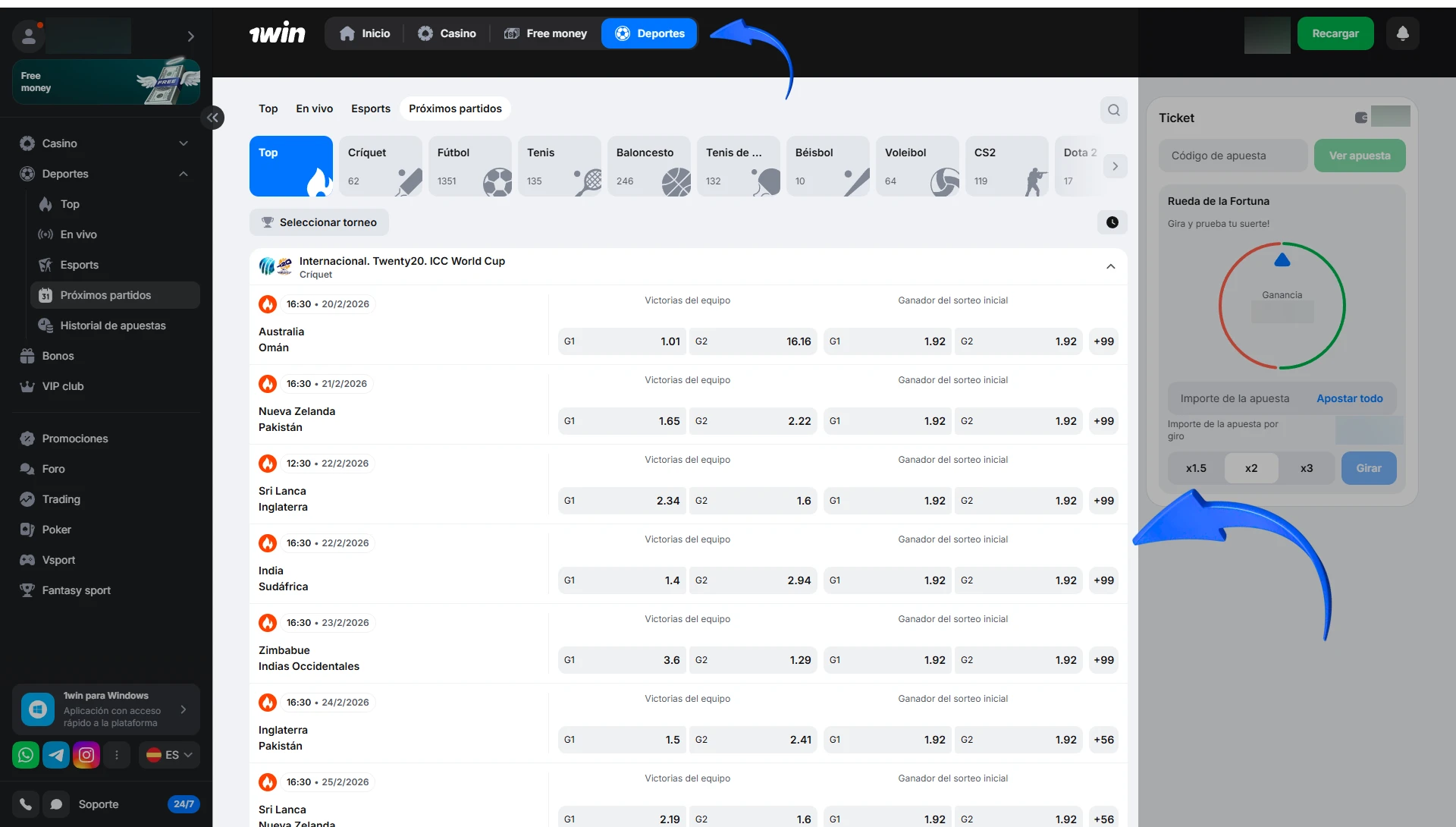 Elige el evento deportivo de tu interés entre las cientos de opciones en 1win.
