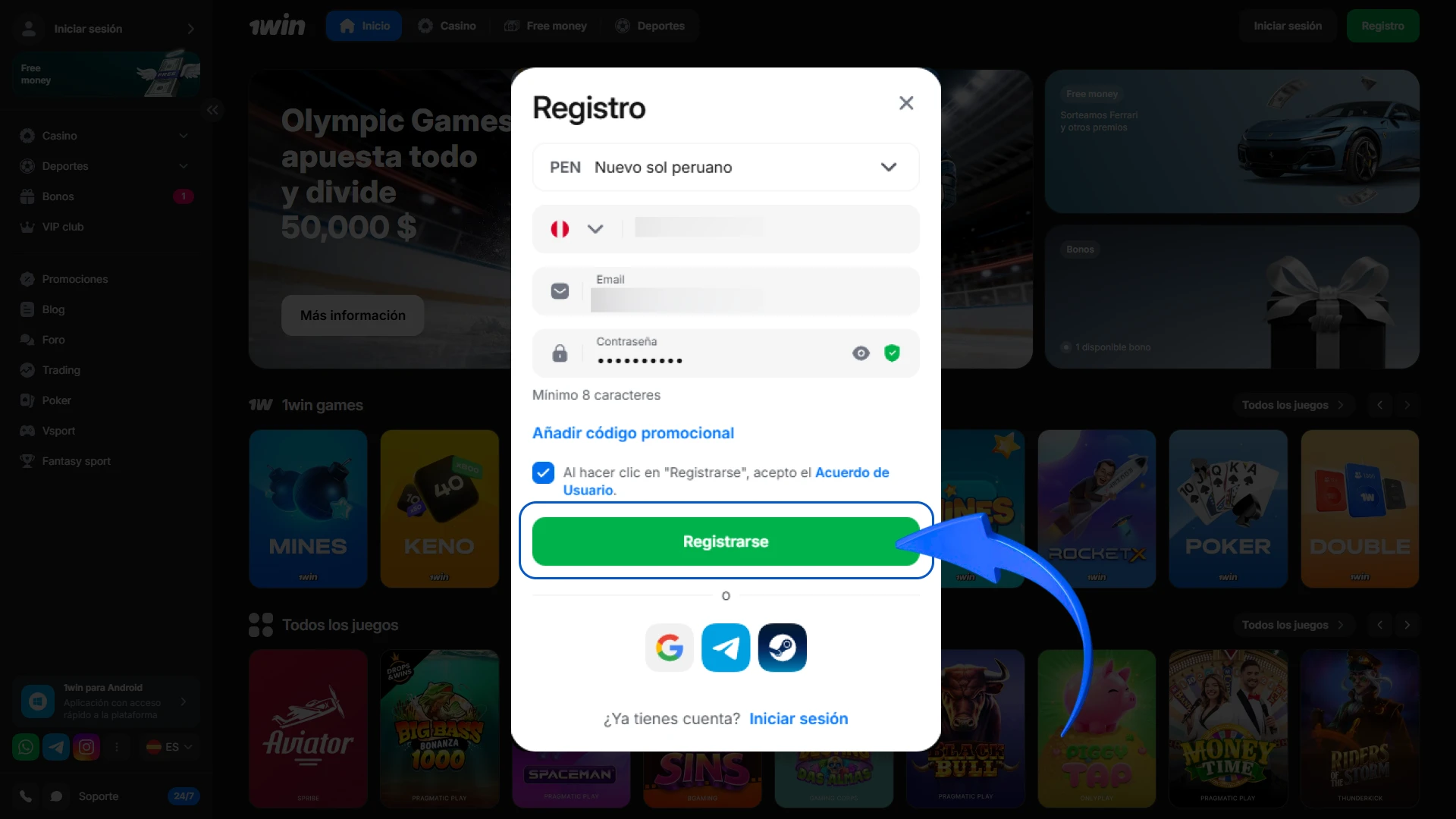 Confirma tu cuenta para activar tu perfil en 1win.