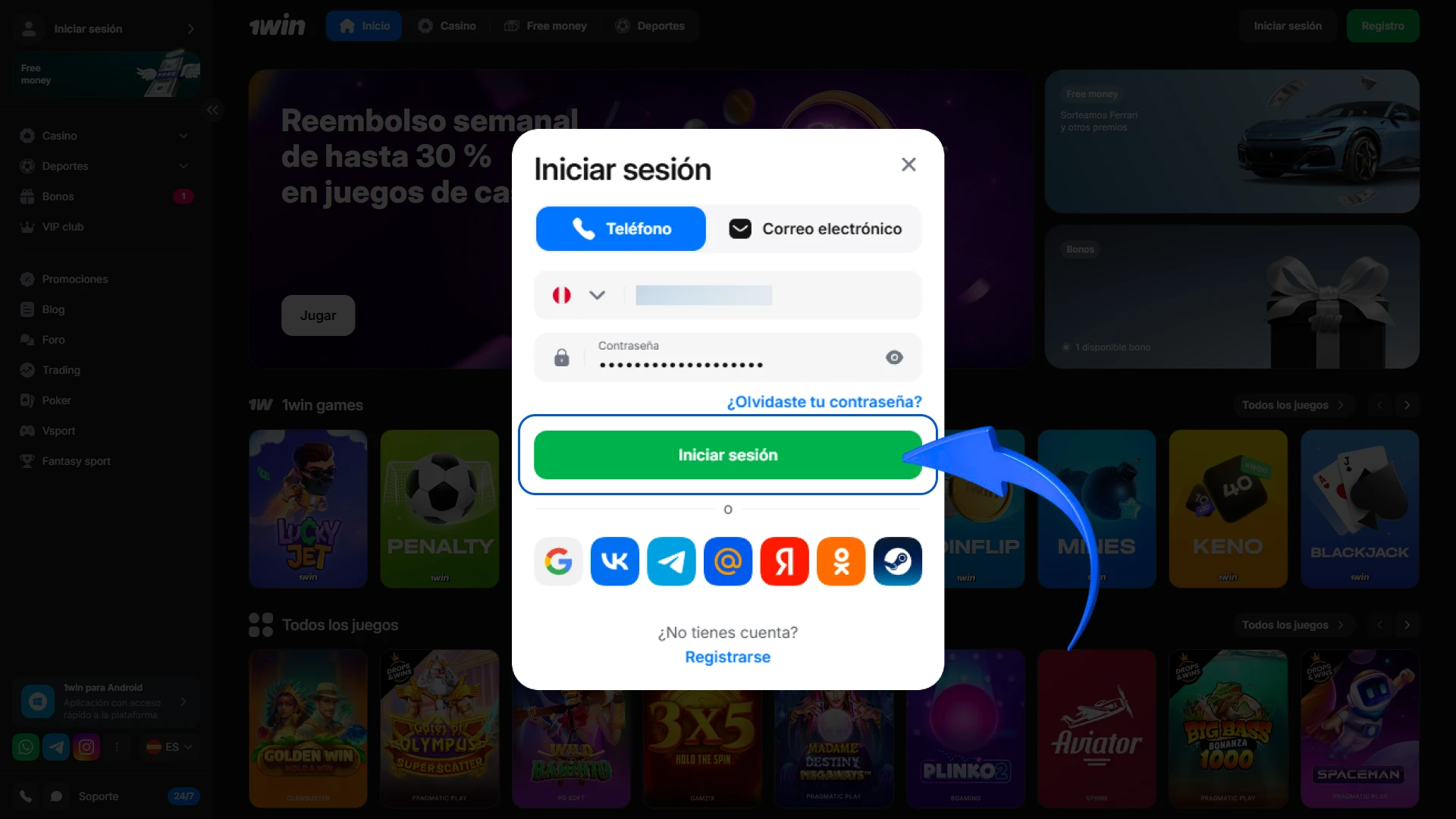 Confirma el acceso para entrar a tu perfil personal de 1win en Perú.