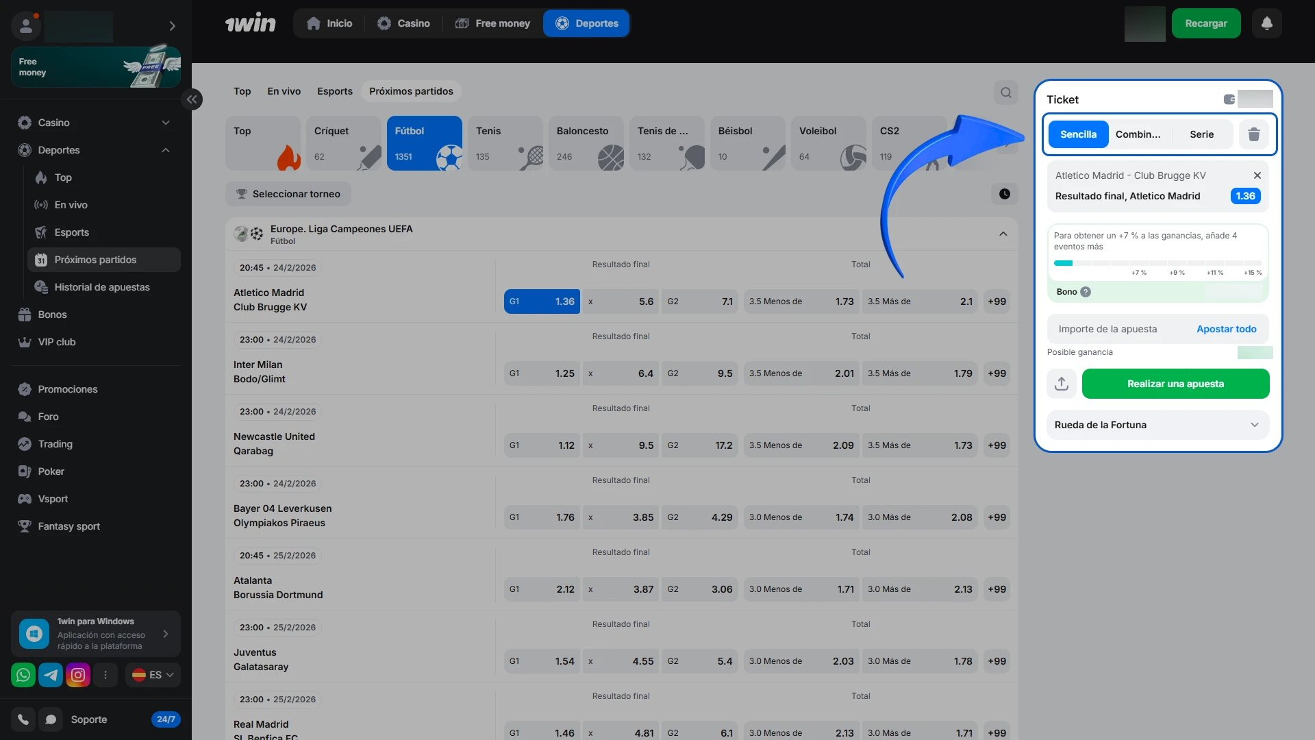 Escoge el tipo de apuesta que prefieras dentro de los mercados de 1win.
