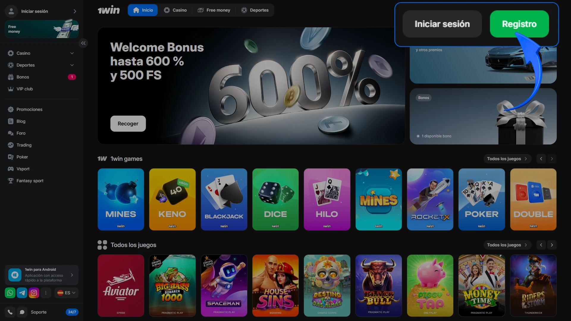 Haz clic en Registro en la parte superior del sitio de 1win para comenzar.