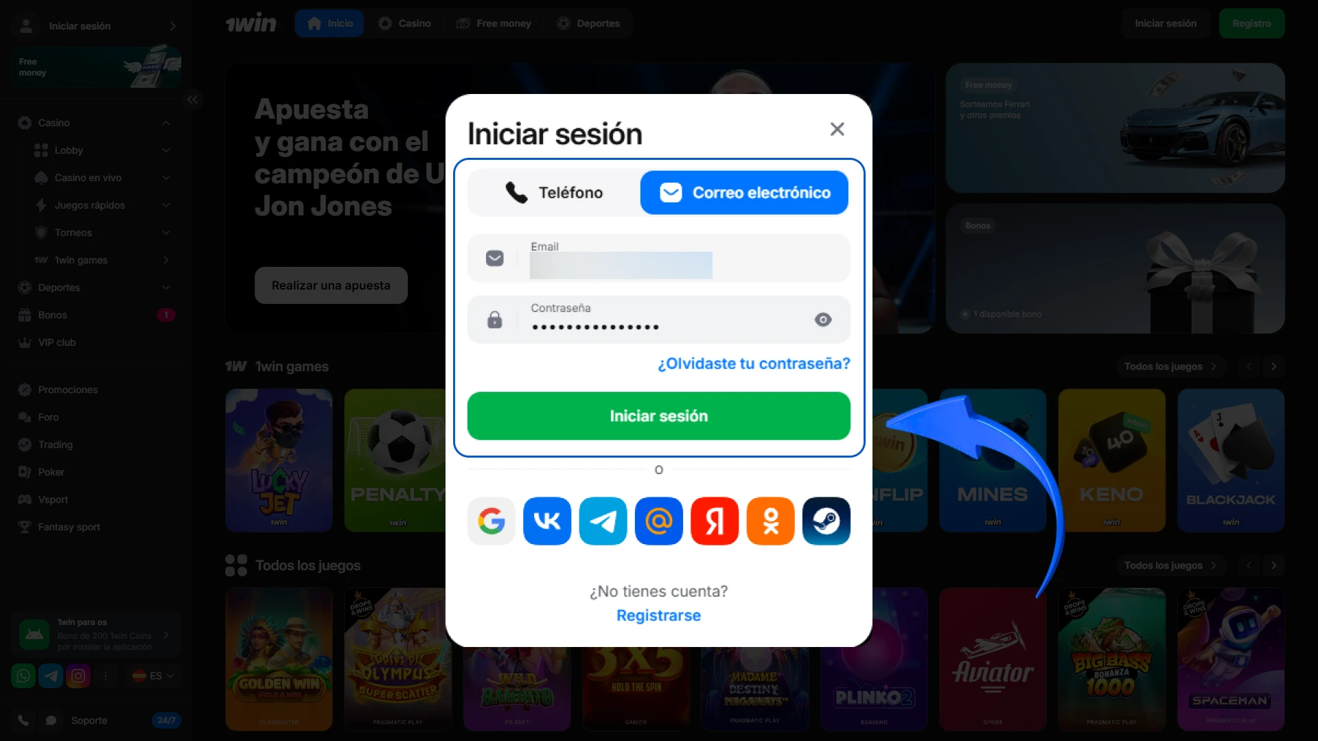 Accede a la plataforma de 1win desde tu navegador en Perú.