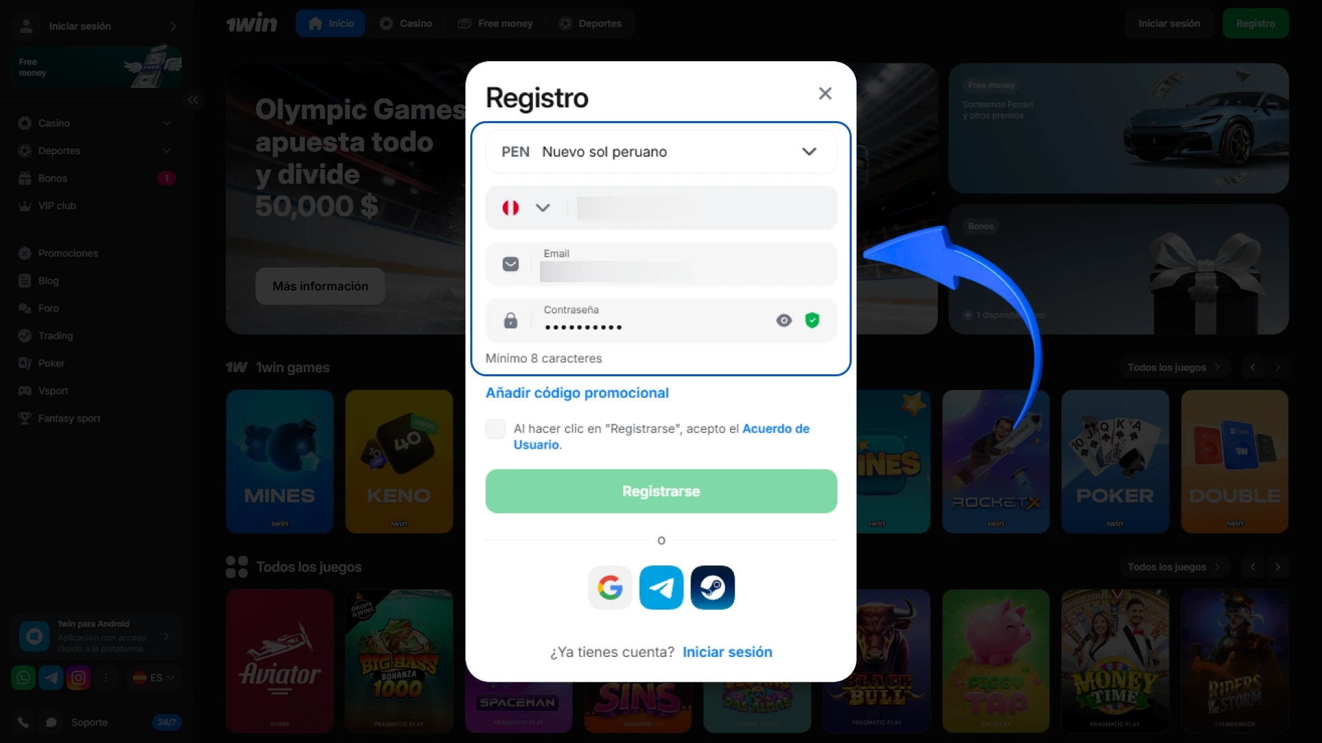 Completa tus datos personales en el formulario de inscripción de 1win Perú.
