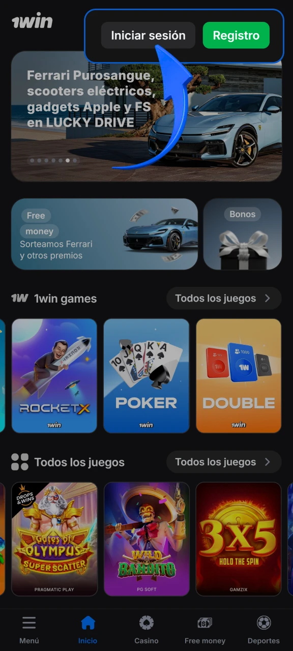 Presiona el botón de inicio de sesión en la plataforma de 1win.