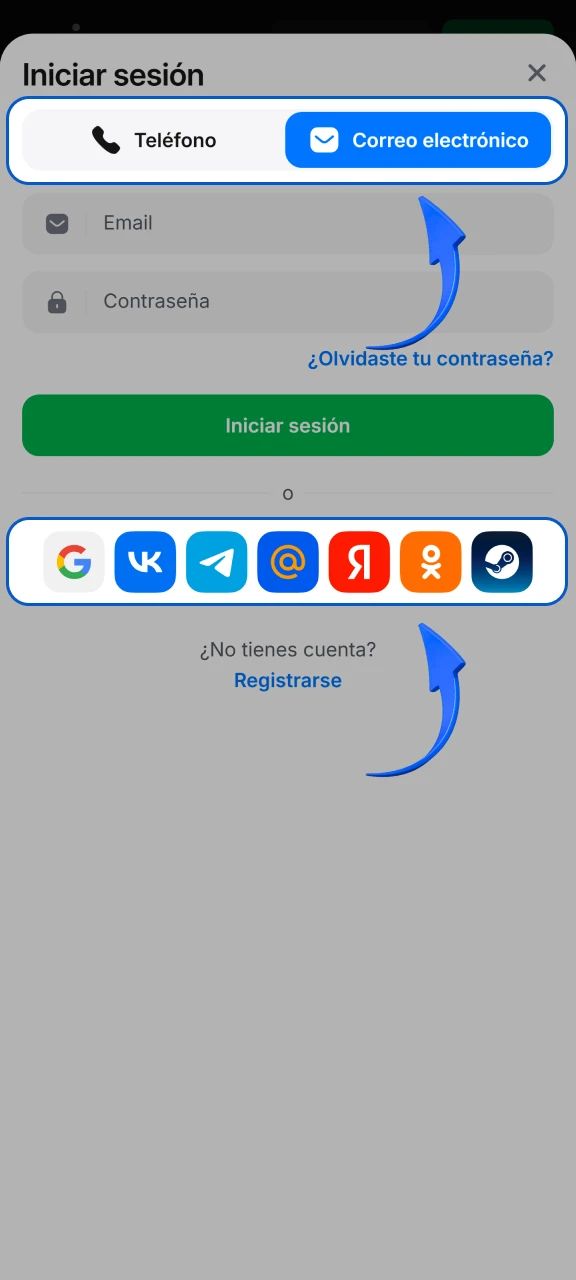 Selecciona el mismo método de registro utilizado para acceder a 1win.