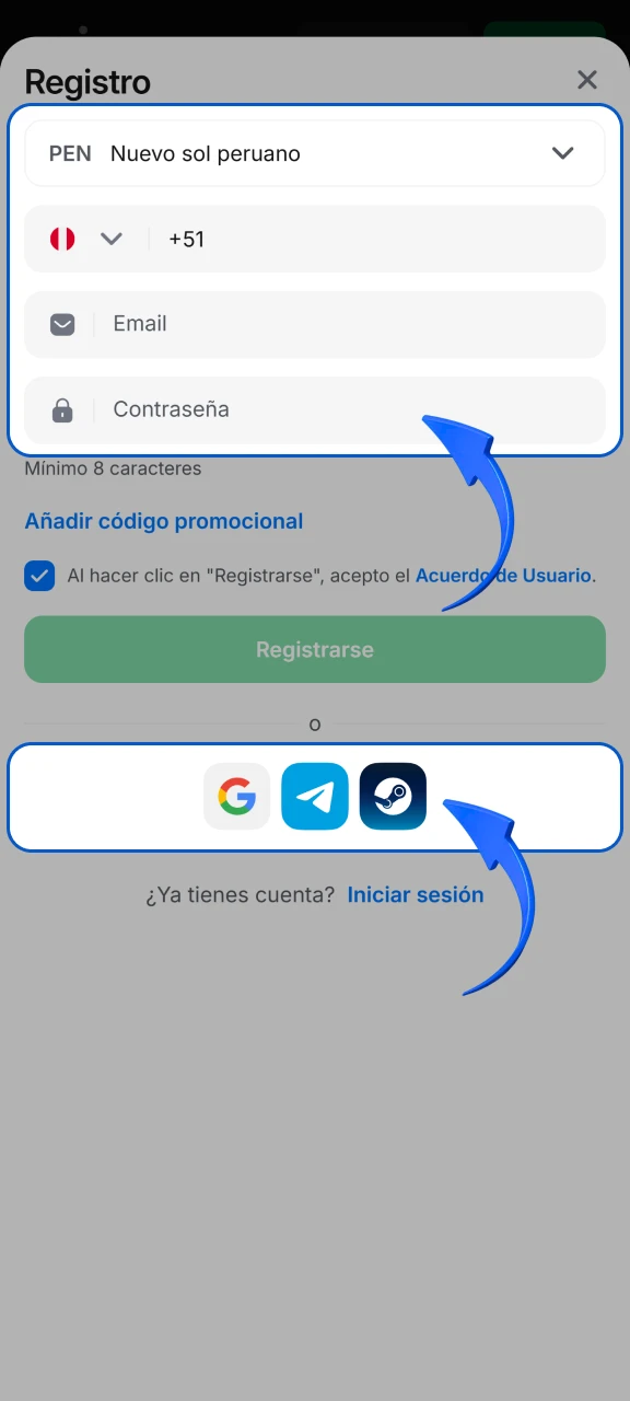 Determina la vía de acceso, ya sea por redes sociales o el formulario rápido de 1win.