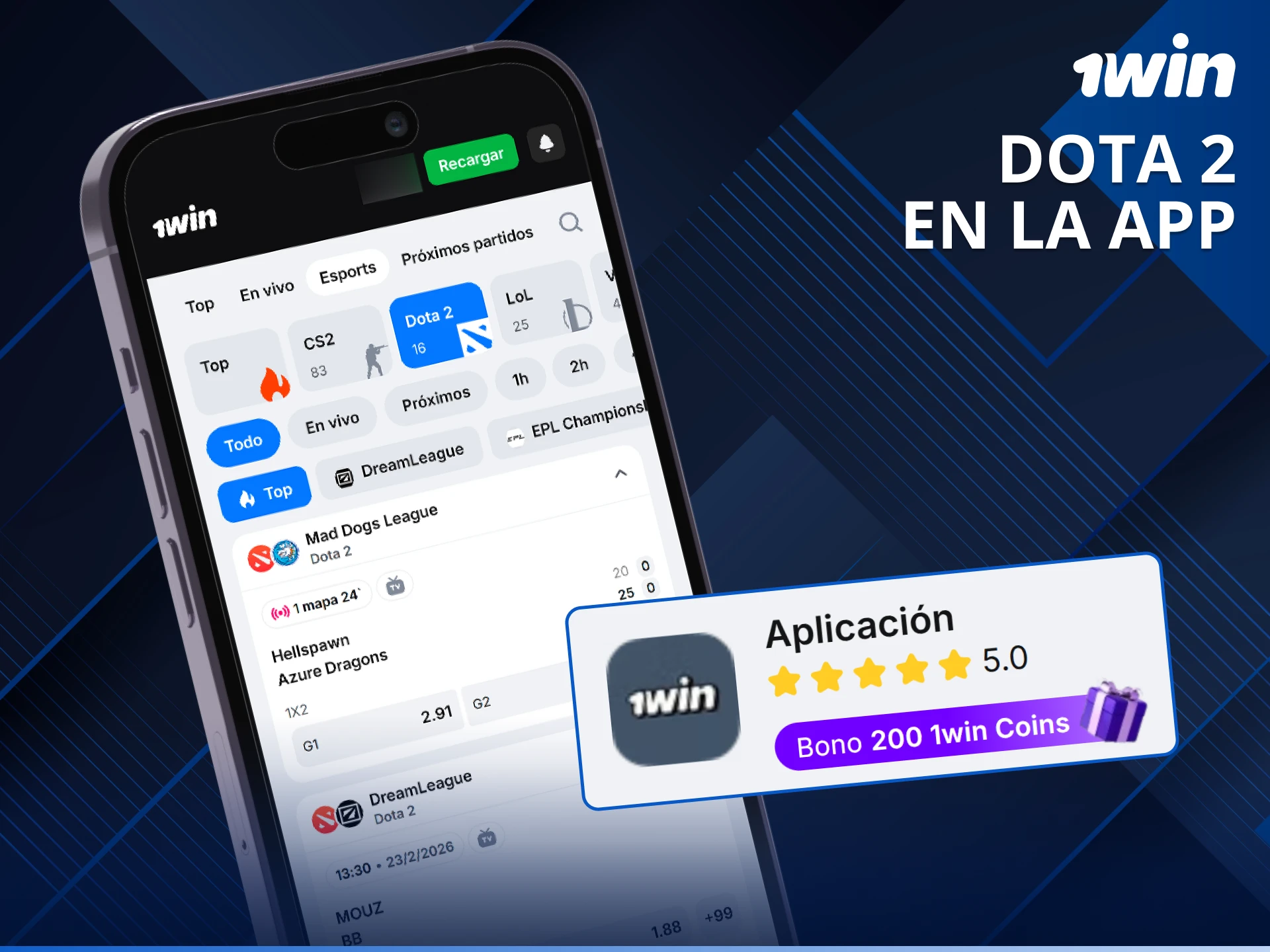 Realiza tus apuestas de Dota 2 desde la app móvil de 1win con total rapidez.