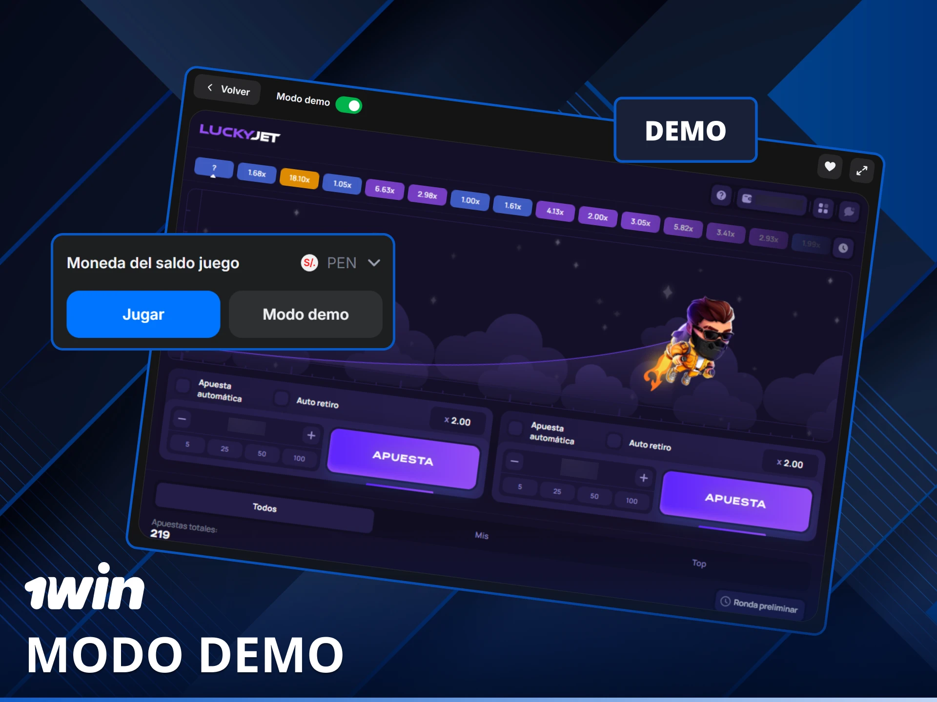 Prueba el modo demo Lucky Jet en 1win para practicar tus vuelos sin costo.