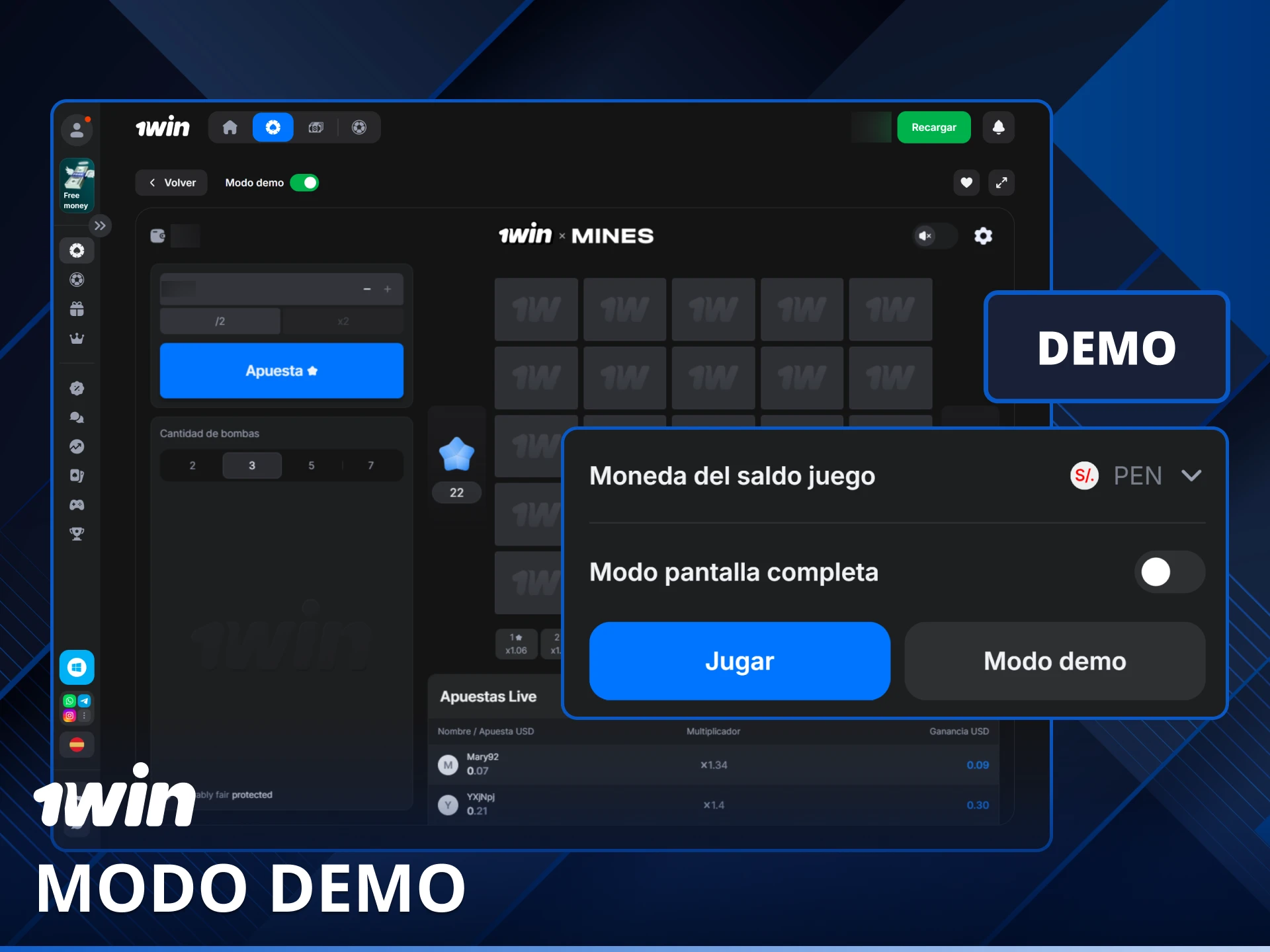 Prueba tus estrategias sin costo con el modo demo de Mines en 1win.