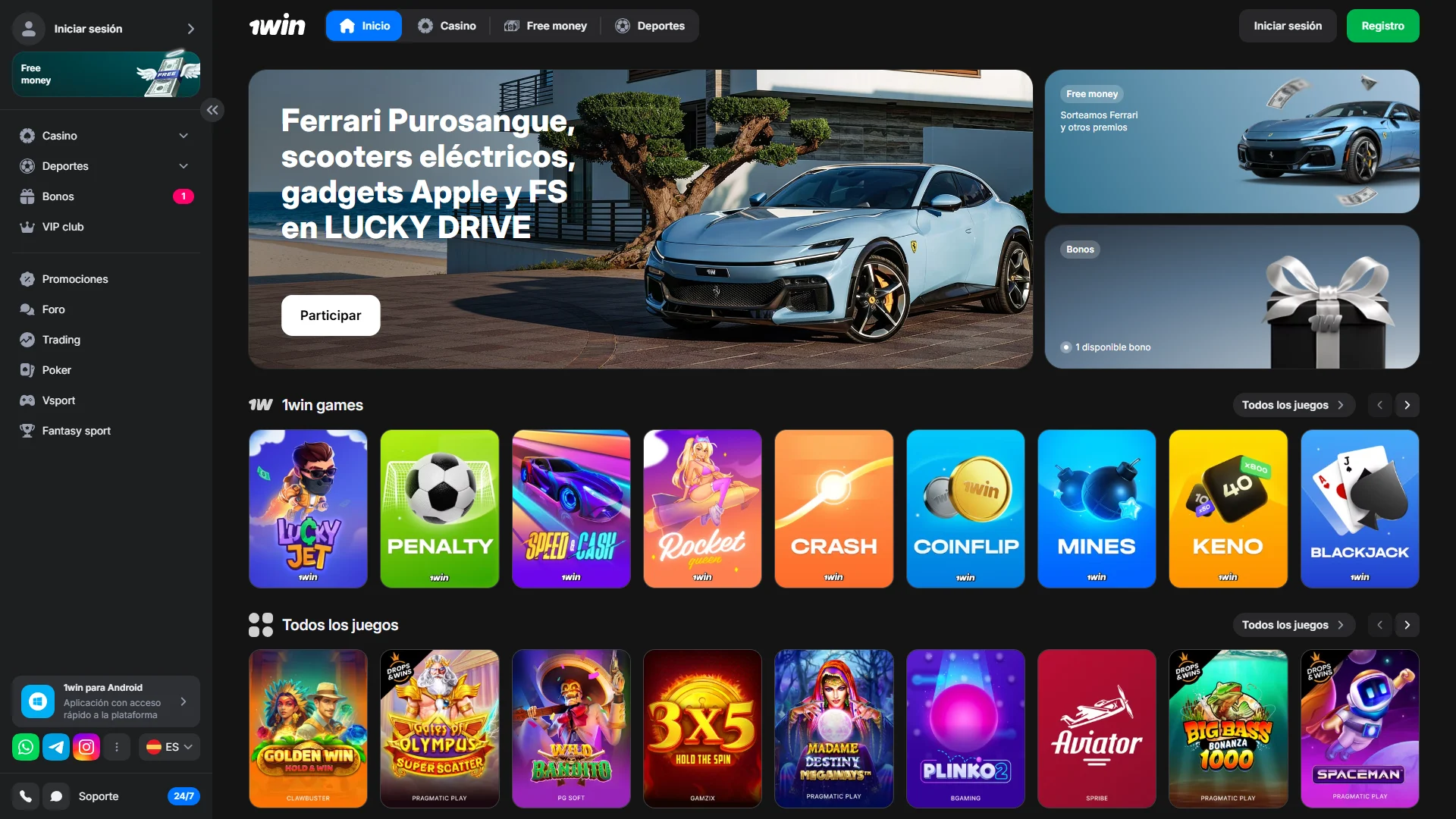 Navega por la página principal para descubrir las funciones de 1win.