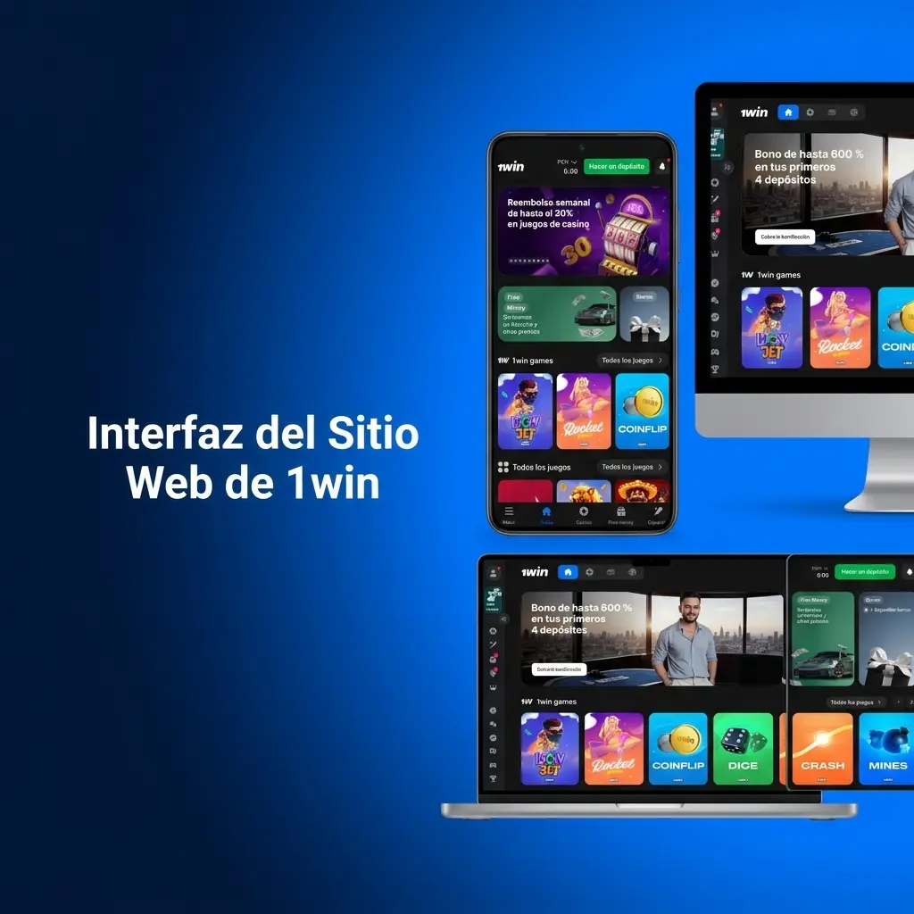 Interfaz del sitio web de 1win con barra de navegación y secciones de apuestas, casino y promociones